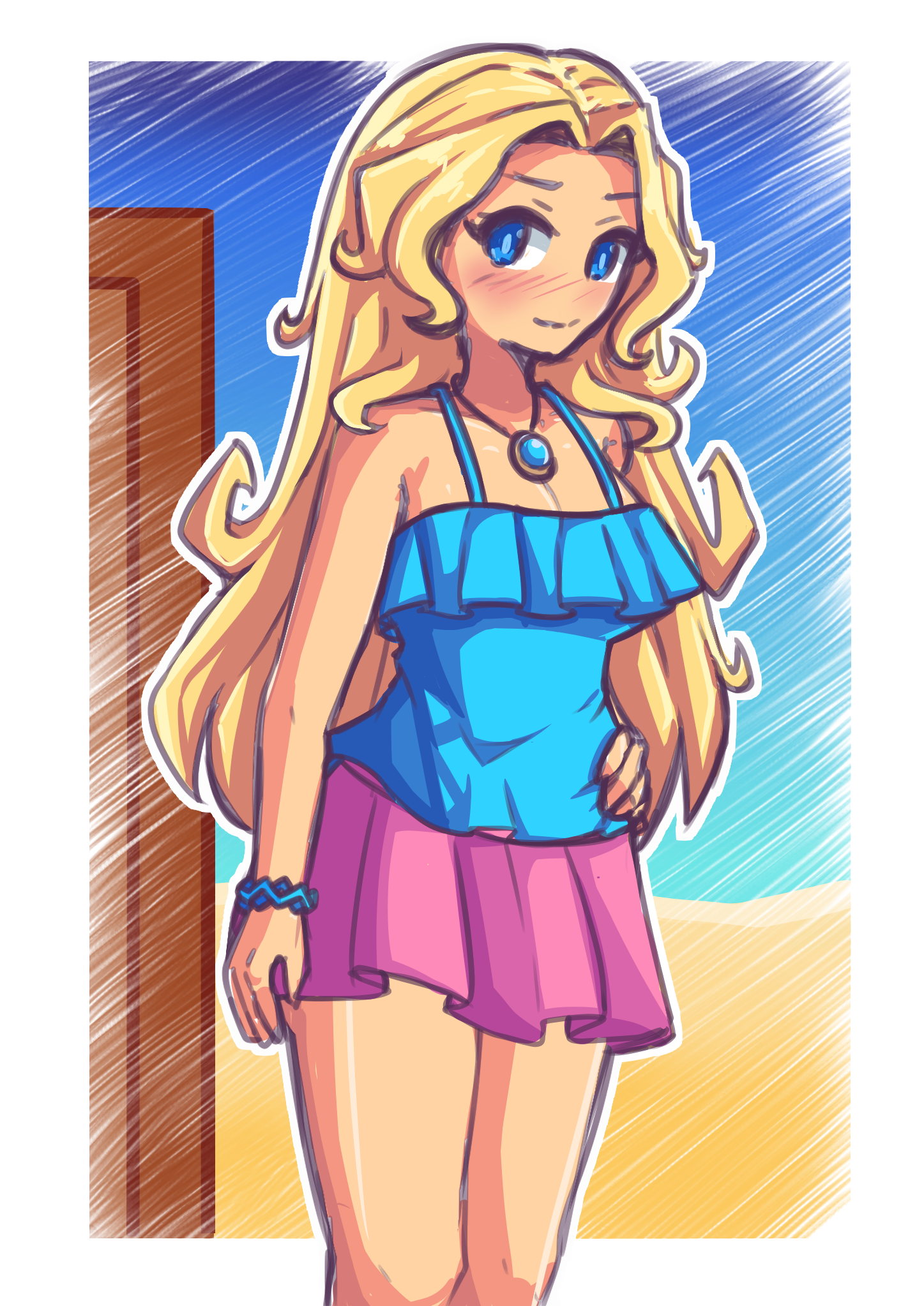 1girls, blonde hair, blue eyes, blush, blushing at viewer, bracelet, female, female only, haley (stardew valley), light skin, light-skinned female, long hair, looking at viewer, necklace, no nose, pink skirt, skirt, smile, smiling, smiling at viewer, solo, solo female, stardew valley, zetta (artist)
