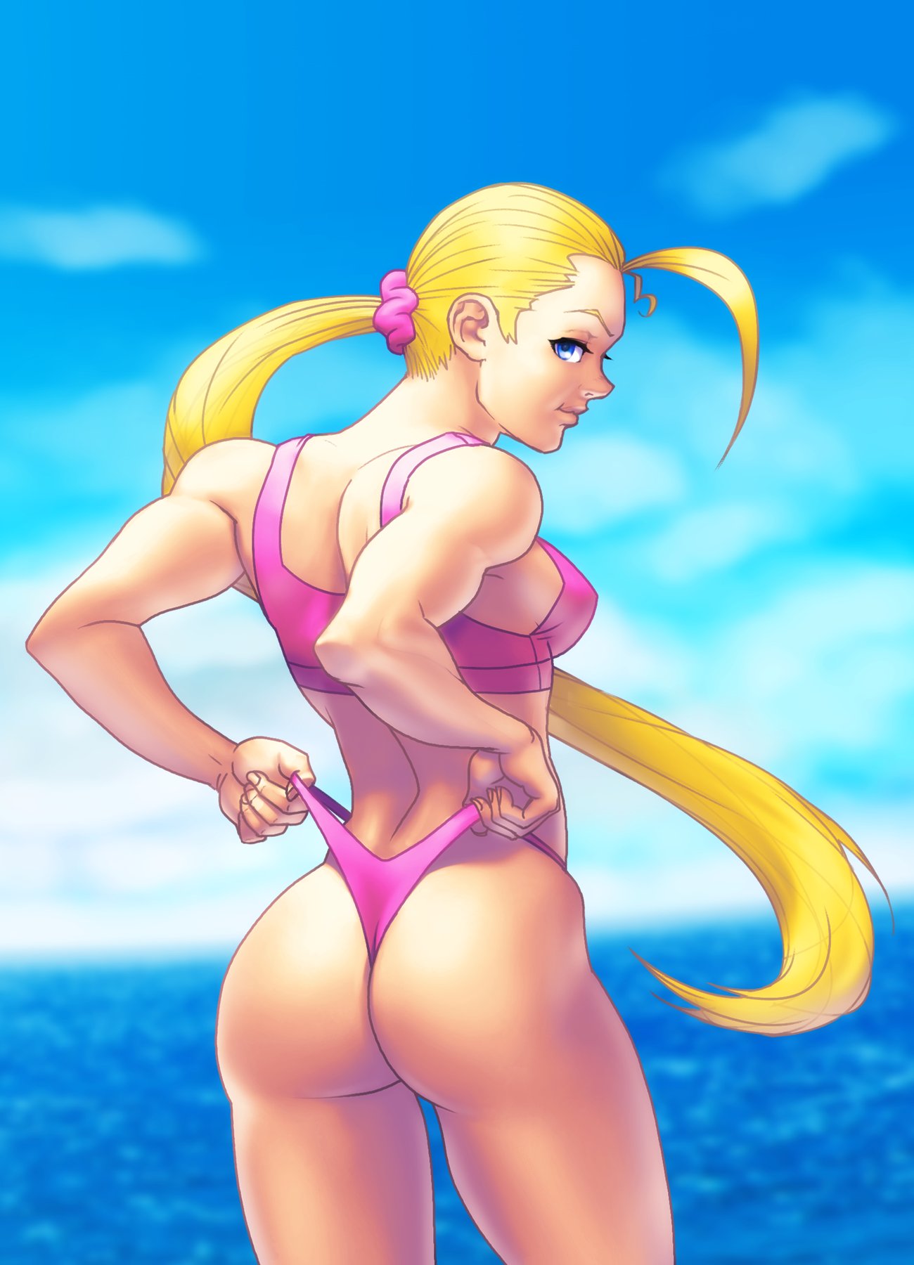 1girls ahoge ass ass_focus back_view big_ass big_butt bikini bikini_bottom bikini_pull bikini_top blonde_hair blue_eyes breasts cammy_white capcom curvy fat_ass female female_focus female_only jiggeh josef_axner large_ass light-skinned_female light_skin looking_at_viewer looking_back muscular muscular_female outdoors outside sideboob solo solo_female solo_focus street_fighter swimsuit tagme thick_ass thick_thighs thighs toned toned_female two_piece_swimsuit voluptuous