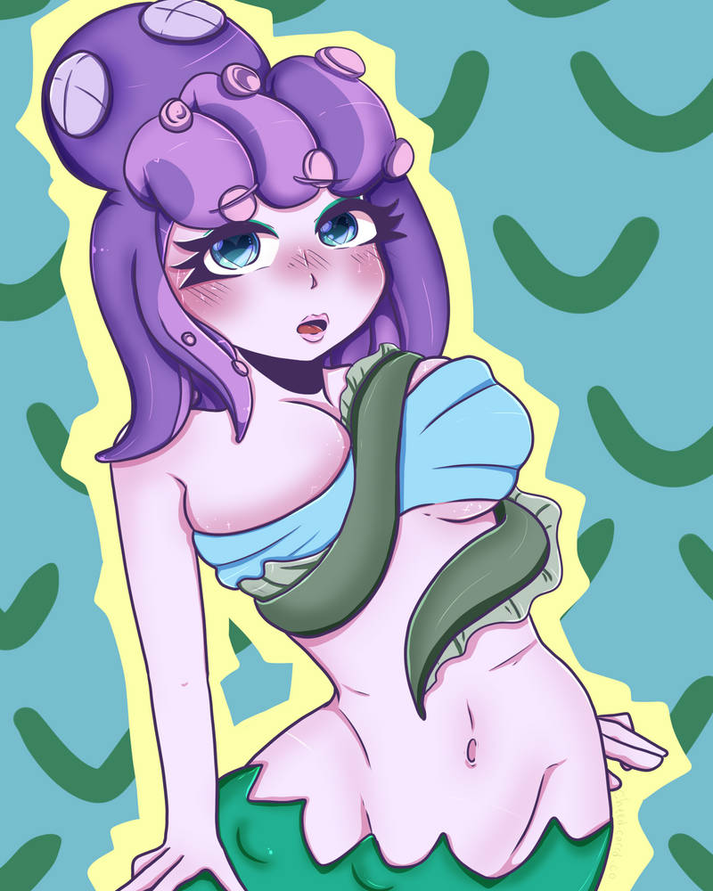 big breasts, blush, breasts, cala maria, cuphead (game), curvy, cute, eel, female, heart, heart-shaped pupils, huge breasts, large breasts, merfolk, mermaid, purple skin, seashell, seashell bra, tagme (artist), wide hips