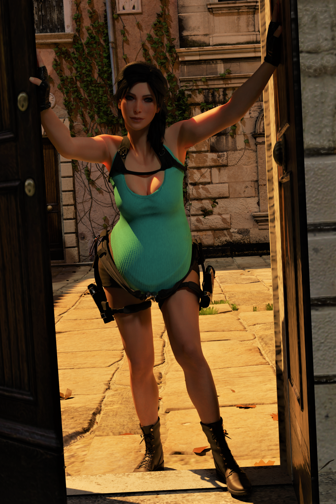 1girls, 3d, belly, big belly, big breasts, breasts, cleavage, female, lara croft, lara croft (l.a.u.), pregnant, solo female, tomb raider, tomb raider (l.a.u.), zero-thl