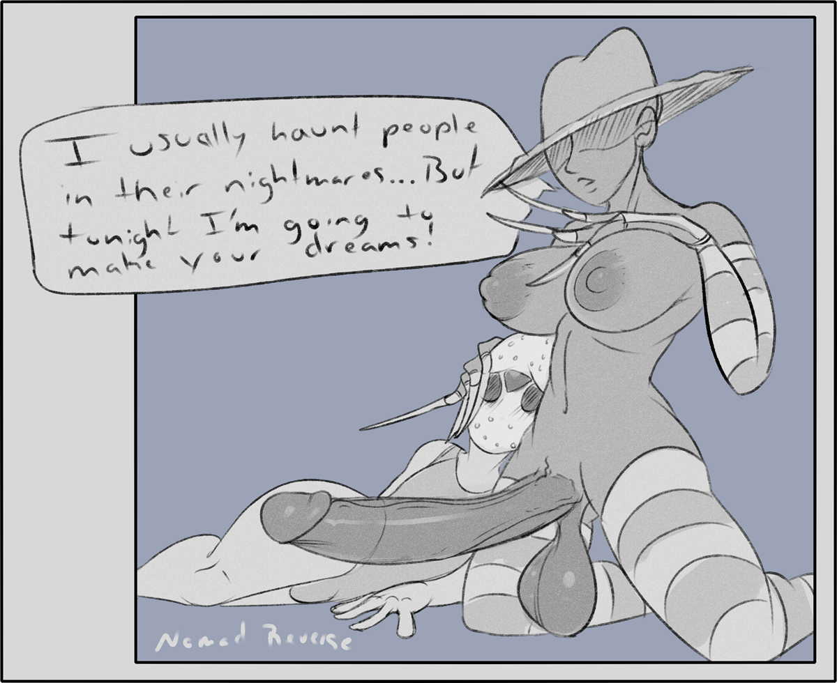 big penis, breasts, dark skin, dark-skinned futa, femboy, freddy krueger, friday the 13th, futa is bigger, futa on male, futanari, huge cock, intersex, jason voorhees, male, nightmare on elm street, nomad reverse, penis, rule 63, sketch, unseen face, unseen futa face, wide hips