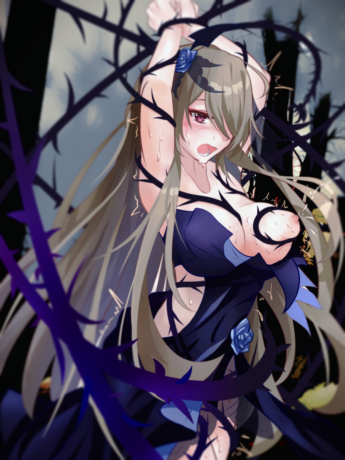 1girls, breast grab, breasts, breasts out, female, female only, honkai (series), honkai impact 3rd, lactation, night white fly, nipples, rita rossweisse, tentacle