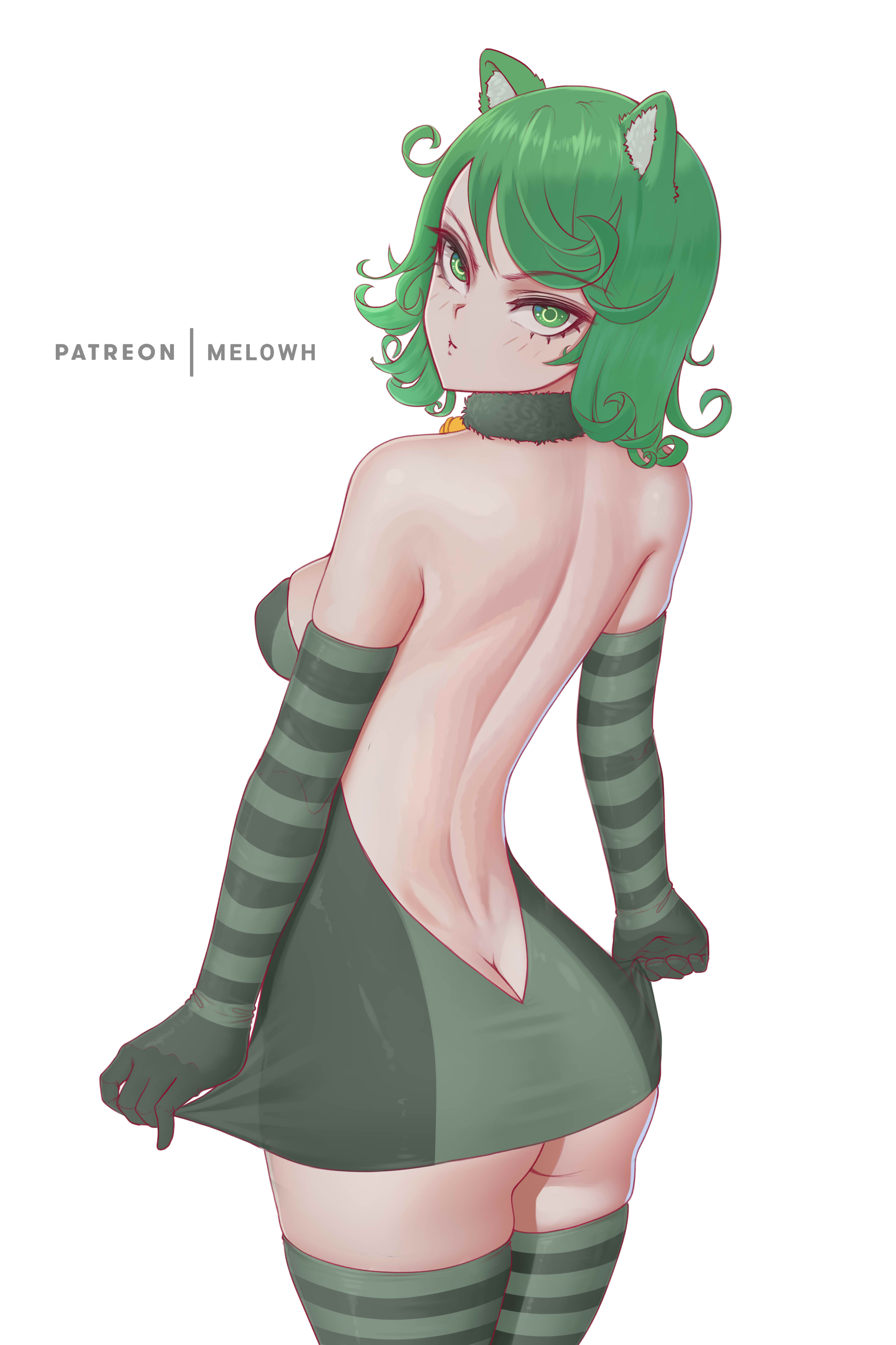 1girls, animal ears, ass, ass hanging out, breasts, cat ears, eye contact, female, female focus, female only, green eyes, green hair, legwear, looking at viewer, melowh, one-punch man, short hair, small breasts, solo, solo female, standing, stockings, tatsumaki, thick thighs, thighhighs, thighs