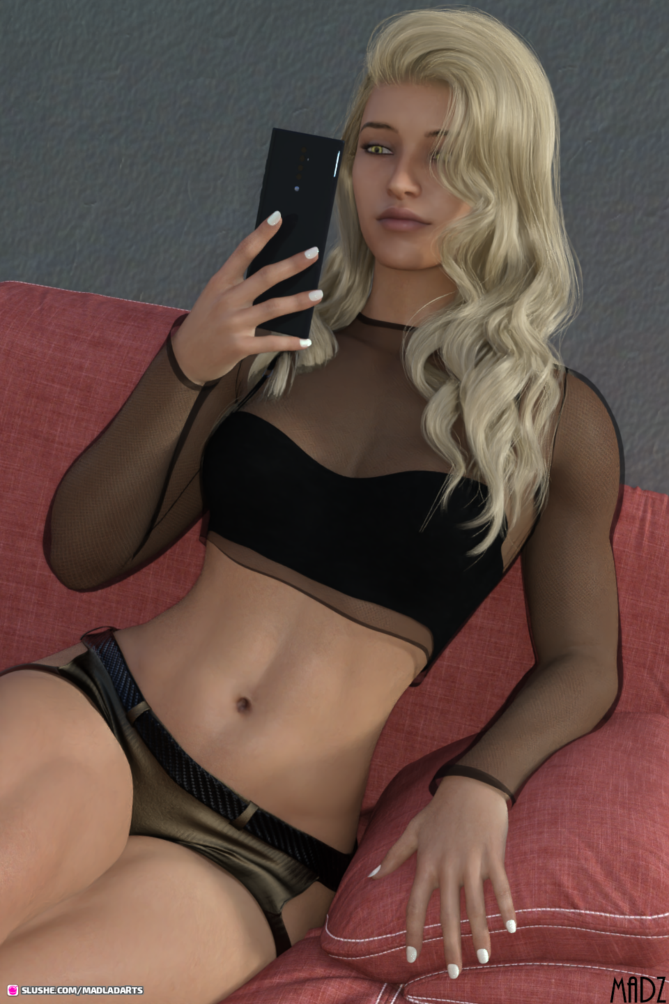 1girls 2022 3d blonde_hair clothed clothing dutch_angle female female_only holding_smartphone long_hair madlad_art madladarts madz seated see-through see-through_clothing see-through_top sitting slushe_(website) solo solo_female wavy_hair