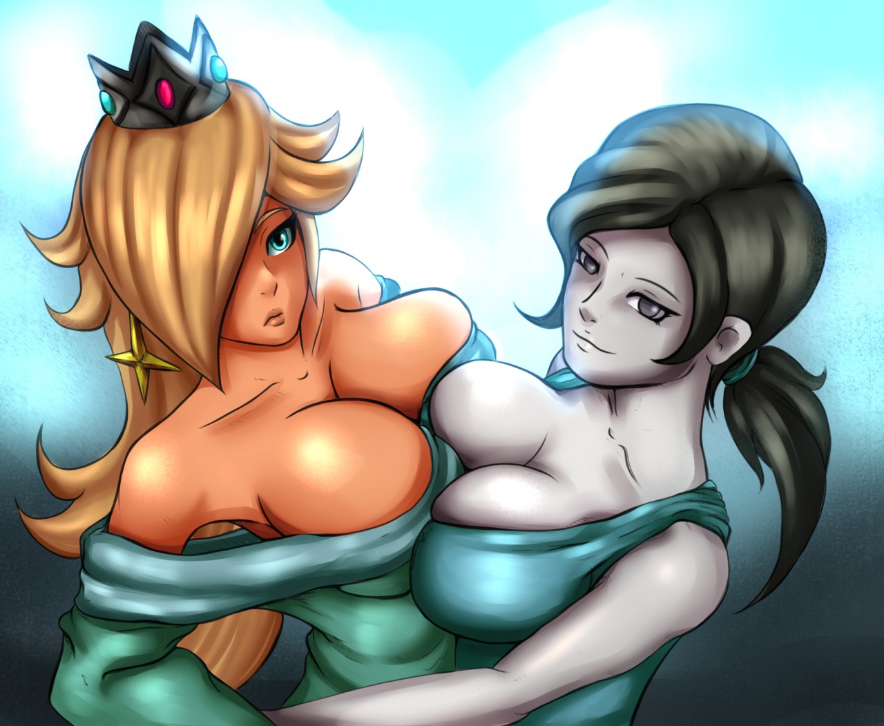 2022, 2girls, absurd res, big breasts, black hair, blonde female, blonde hair, blue eyes, breast focus, breast press, breast to breast, breasts, breasts focus, breasts to breasts, busty, cleavage, curvy, dress, earring, earrings, eye contact, female, female focus, female only, female/female, grey eyes, highres, large breasts, light skin, light-skinned female, looking at viewer, mario (series), nintendo, pale skin, pale-skinned female, ponytail, pov eye contact, princess rosalina, reliusmax, super mario galaxy, super smash bros., voluptuous, wii fit, wii fit trainer, wii fit trainer (female), yuri