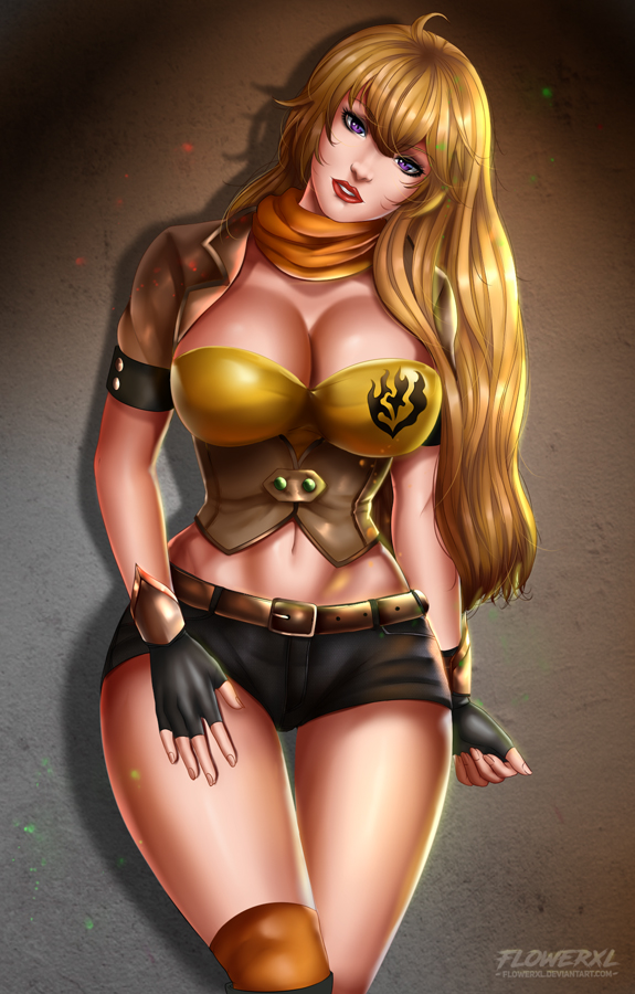 blonde hair, breasts, female, flowerxl, gloves, rwby, shorts, tight clothing, yang xiao long