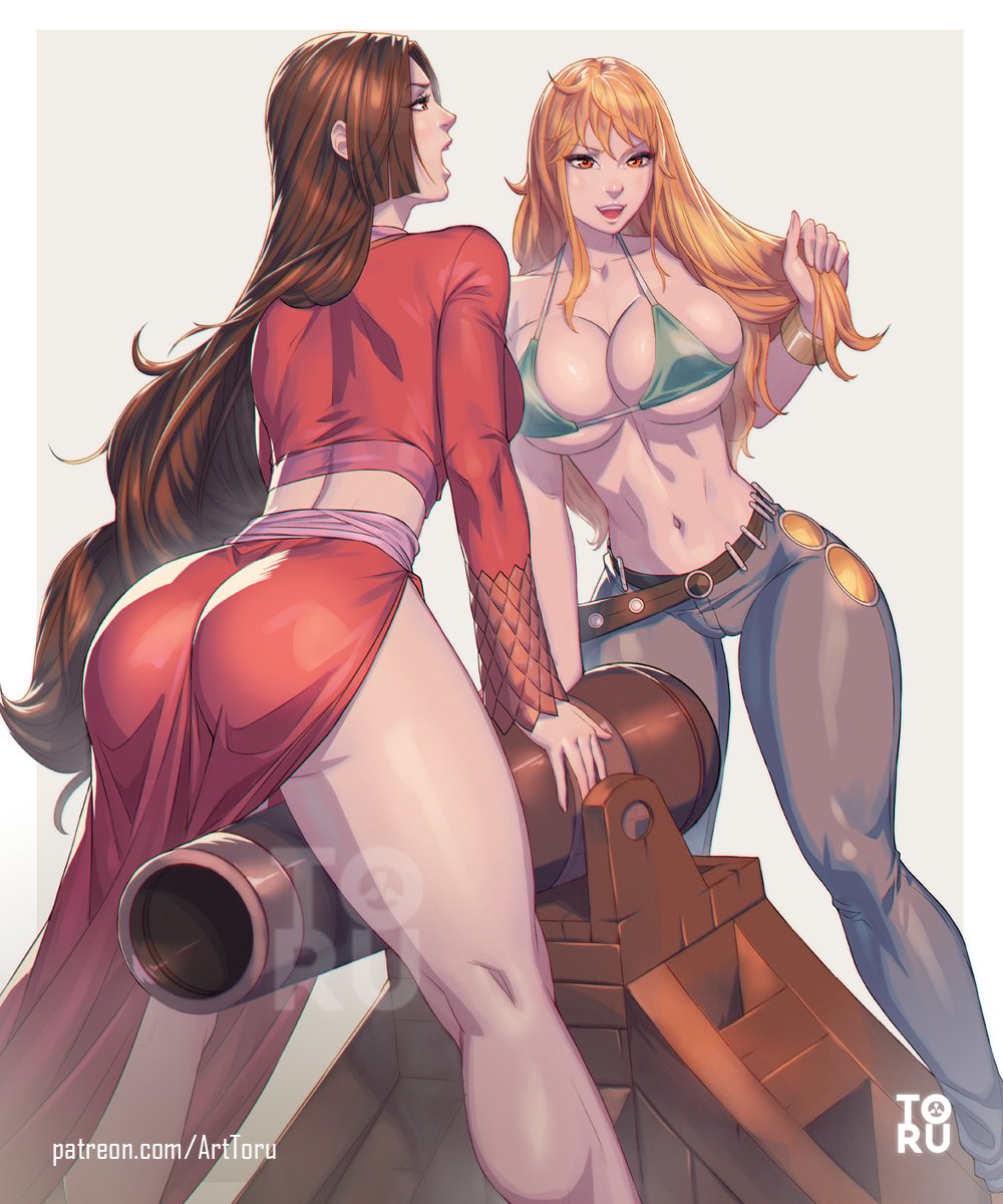 2girls, arttoru, ass, big ass, big breasts, bikini, bikini top, bikini top only, black hair, black-haired female, boa hancock, breasts, bubble ass, bubble butt, cannon, clothing, female, female only, huge breasts, jeans, large breasts, multiple females, multiple girls, nami (one piece), one piece, orange hair, orange-haired female, post-timeskip, shounen jump, skirt, thick thighs, thunder thighs, wide hips