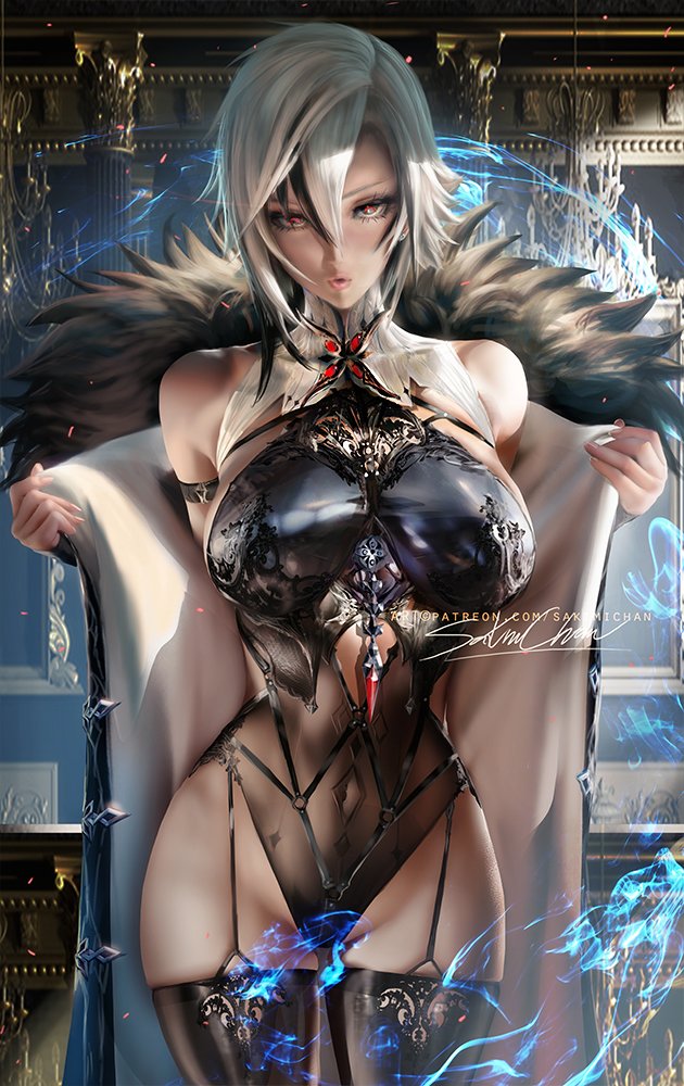 1girls, 2022, arlecchino (genshin impact), artist signature, breasts, coat, female, female only, genshin impact, hips, large breasts, looking at viewer, medium hair, open coat, sakimichan, slim waist, thick thighs, thighs, watermark, white hair, wide hips