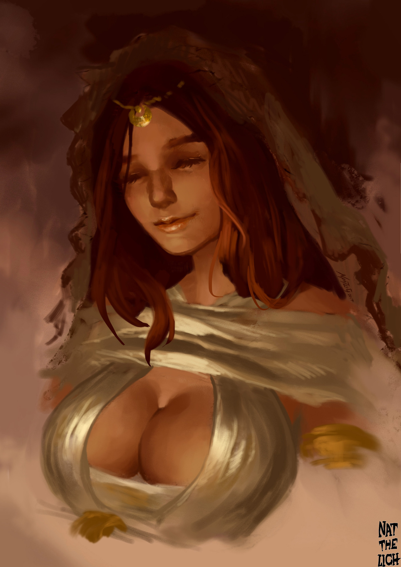 auburn hair, big breasts, breasts, brown hair, circlet, cleavage, closed eyes, dark souls, female, female only, fromsoftware, goddess, gold (metal), headwear, jewelry, natthelich, painting (artwork), queen of sunlight gwynevere, smile, solo, tiara, upper body, veil