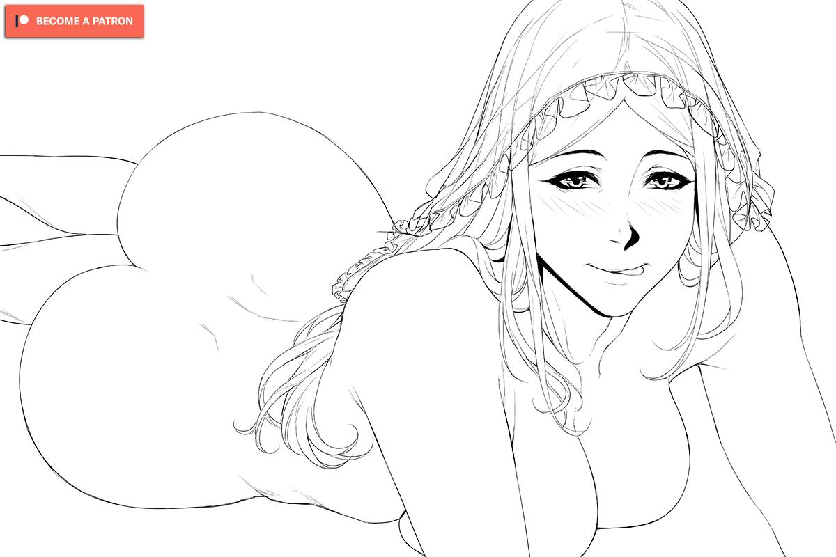 ass, big ass, big breasts, blush, breast press, breasts, bubble ass, bubble butt, cleavage, completely nude, dark souls, dimples of venus, female, female only, fromsoftware, headwear, krabby (artist), line art, long hair, looking at viewer, monochrome, nude, on stomach, queen of sunlight gwynevere, smile, solo, tongue, tongue out, veil, wide hips