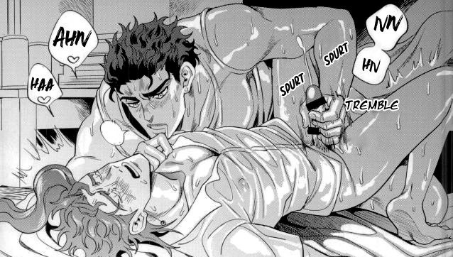 2boys amarans blush blushing closed_eyes gay handjob jojo's_bizarre_adventure jotaro_kujo muscular_male noriaki_kakyoin partially_clothed penis stardust_crusaders sweating