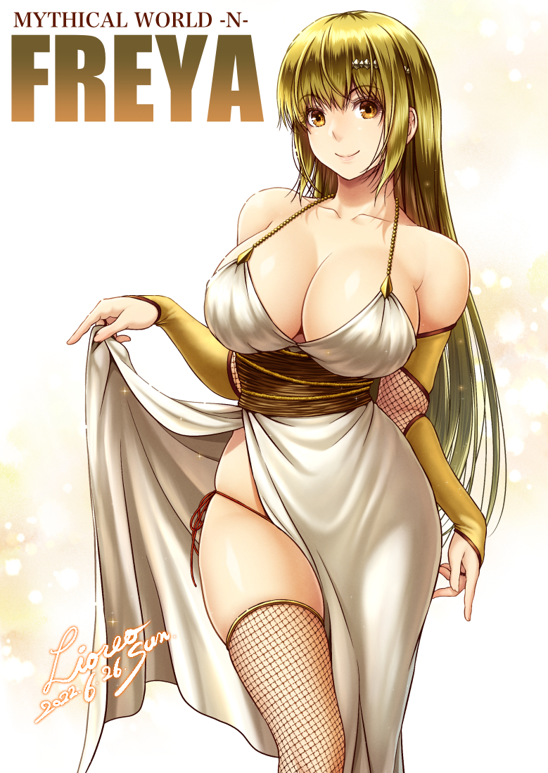 1girls big_breasts blonde_hair bridal_gauntlets cleavage crown english_text female female_only fishnet_thighhighs fishnets freya_(norse_mythology) goddess headband hourglass_figure lioreo long_hair looking_at_viewer norse_mythology original side-tie_panties side_slit simple_background smile solo text thick_thighs thighhighs wide_hips yellow_eyes zettai_ryouiki