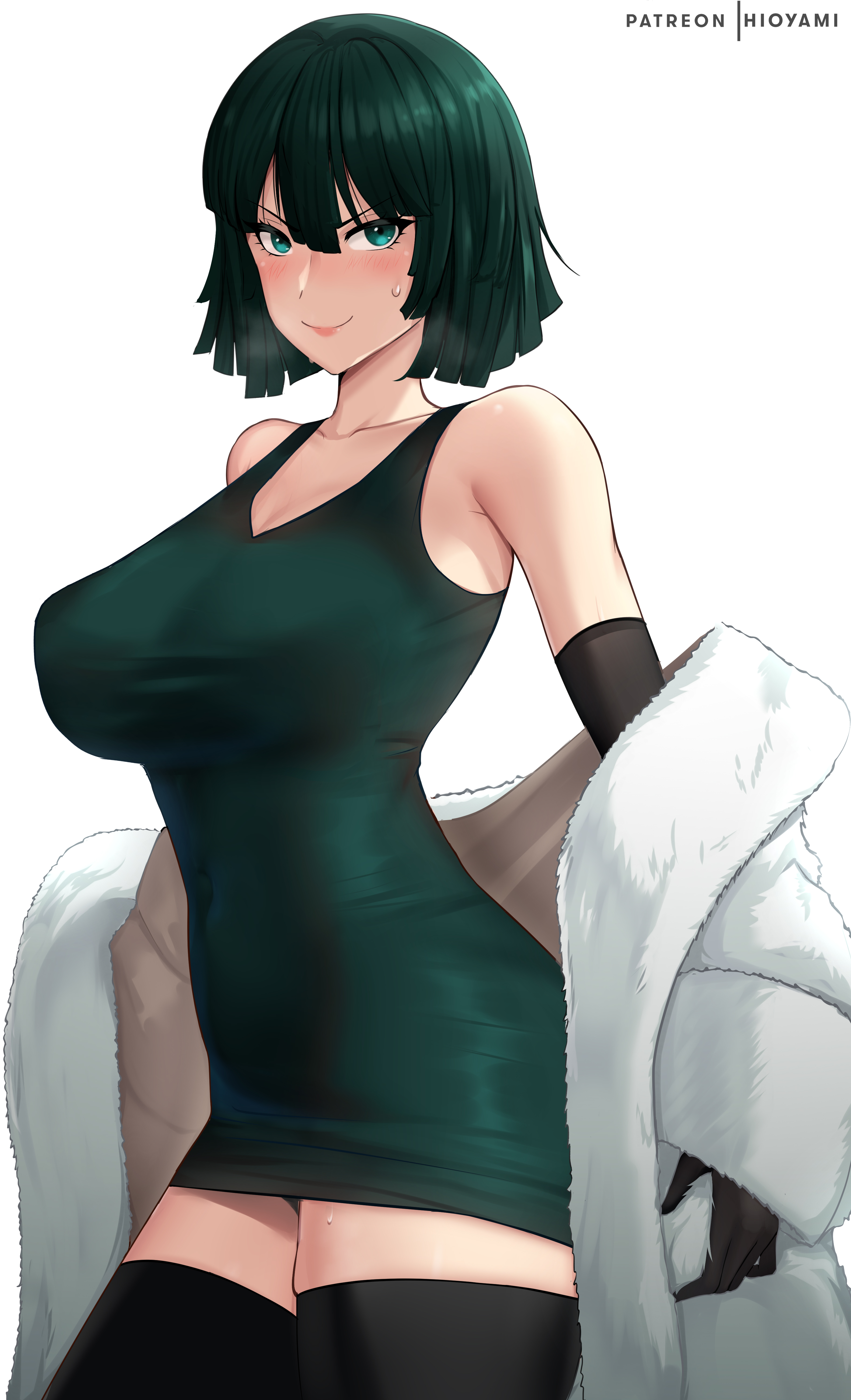 1girls, absurd res, armpits, bangs, bare shoulders, belly, belly button, big breasts, blush, bob cut, breasts, busty, clothed, clothing, coat, covered breasts, covered navel, covered nipples, curvaceous, curvy, curvy body, curvy female, curvy figure, dark green hair, dress, eye contact, eyelashes, female, female focus, female only, fringe, front view, fubuki (one-punch man), gloves, green dress, green eyes, green hair, heroine, highres, hioyami, hips, hourglass figure, large breasts, legs, light skin, light-skinned female, lips, lipstick, looking at viewer, medium hair, miniskirt, navel, one-punch man, open coat, panties, pink lips, pink lipstick, short hair, short skirt, slim, slim waist, smile, smiling, smiling at viewer, smirk, solo, solo female, solo focus, standing, stockings, stomach, sweat, sweating, thick, thick legs, thick thighs, thigh squish, thighs, thin waist, tight clothing, tight dress, underwear, voluptuous, waist, white background, wide hips