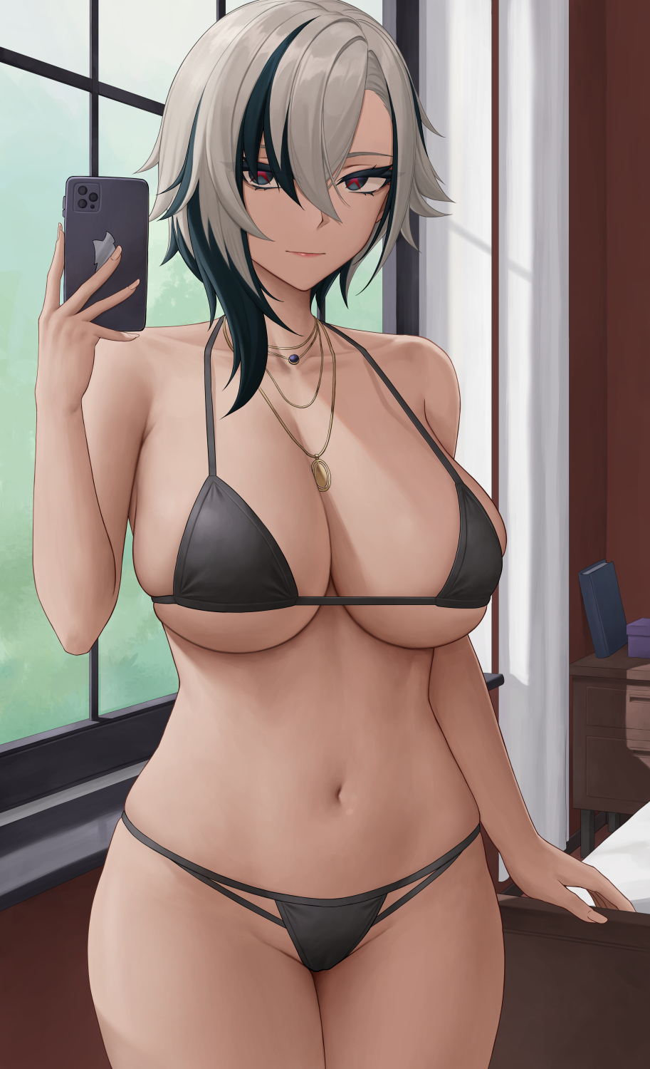 1girls, 2022, arlecchino (genshin impact), artist signature, asymmetrical hair, bikini, black hair, breasts, female, female only, genshin impact, hips, holding object, huge breasts, indoors, looking at viewer, medium hair, multicolored hair, phone, selfie, slim waist, thick thighs, thighs, white hair, wide hips, zaphn