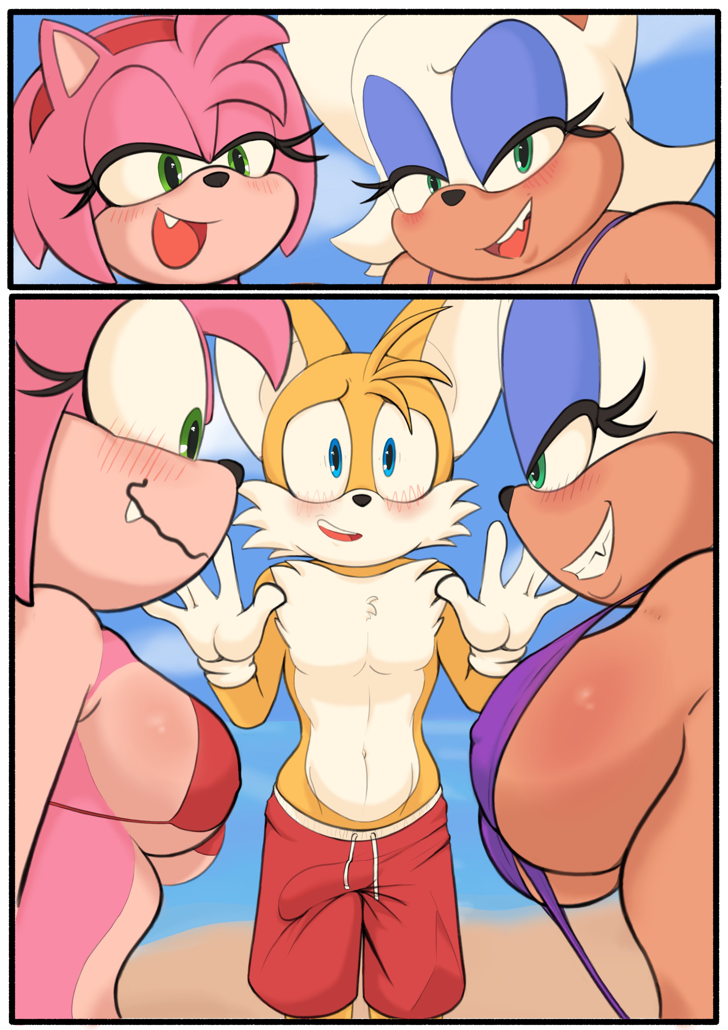 1boy, 2girls, amy rose, anthro, beach, bedroom eyes, bikini, blush, bulge, comic, fangs, female, male, miles tails prower, older female, pinkfalcon, rouge the bat, sling bikini, sonic (series), staring, swim trunks, swimsuit, tails, tails the fox, younger male