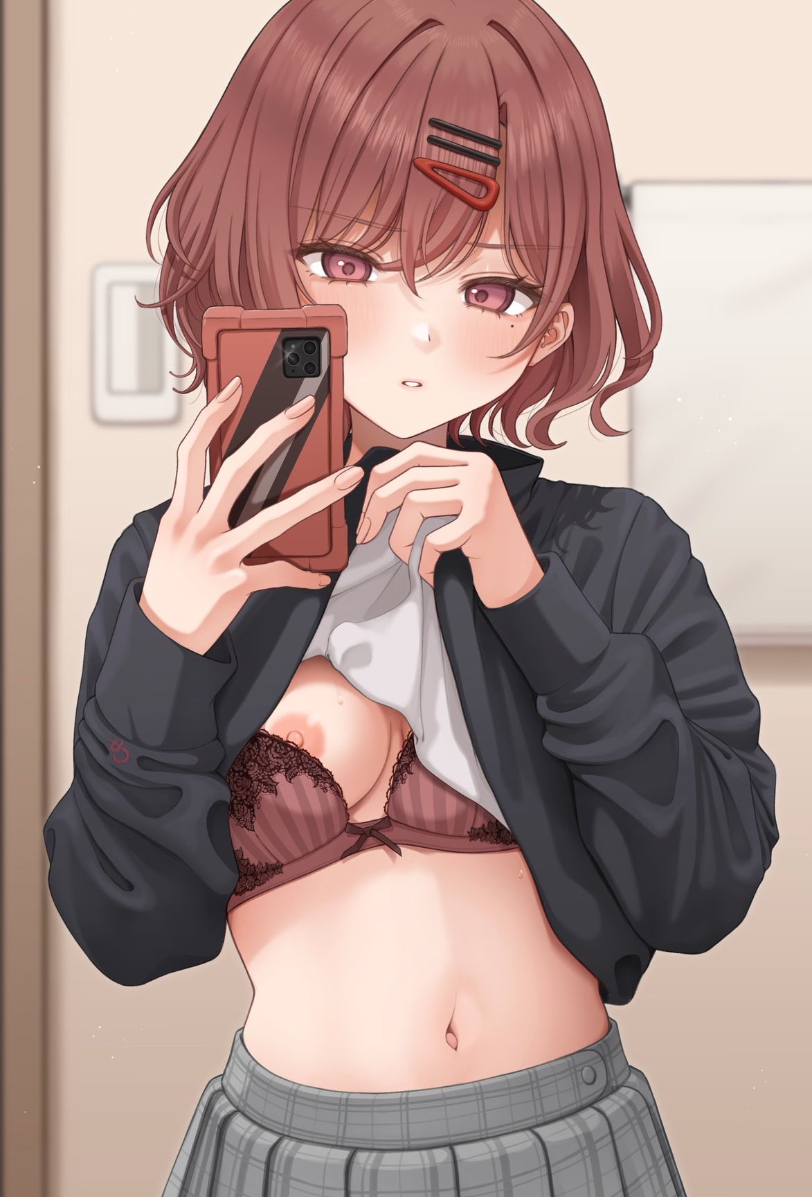 bra, breast focus, breasts, cellphone, clothes lift, female, hair ornament, hairclip, highres, higuchi madoka, holding, holding phone, idolmaster, idolmaster shiny colors, mole, mole under eye, navel, nipple peek, nipples, one tit out, phone, red eyes, red hair, selfie, shirt lift, skirt, smartphone, solo, takio (kani sama), underwear