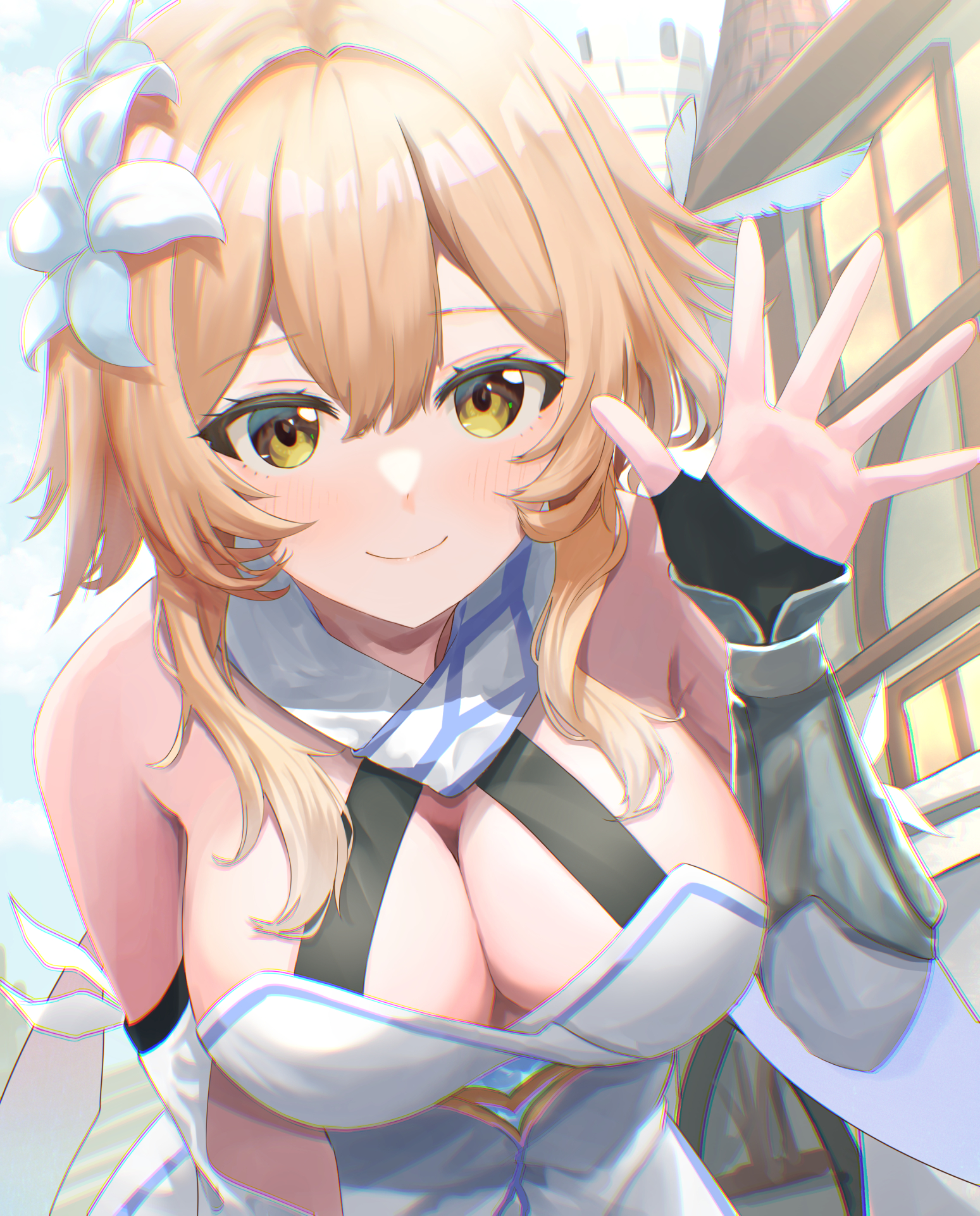 1girls, bare shoulders, blonde hair, breasts, cleavage, clothed, female, flower, gauntlets, genshin impact, gloves, hair ornament, highres, huge breasts, looking at viewer, lumine (genshin impact), minamory, outdoors, short hair, smile, solo, upper body, yellow eyes