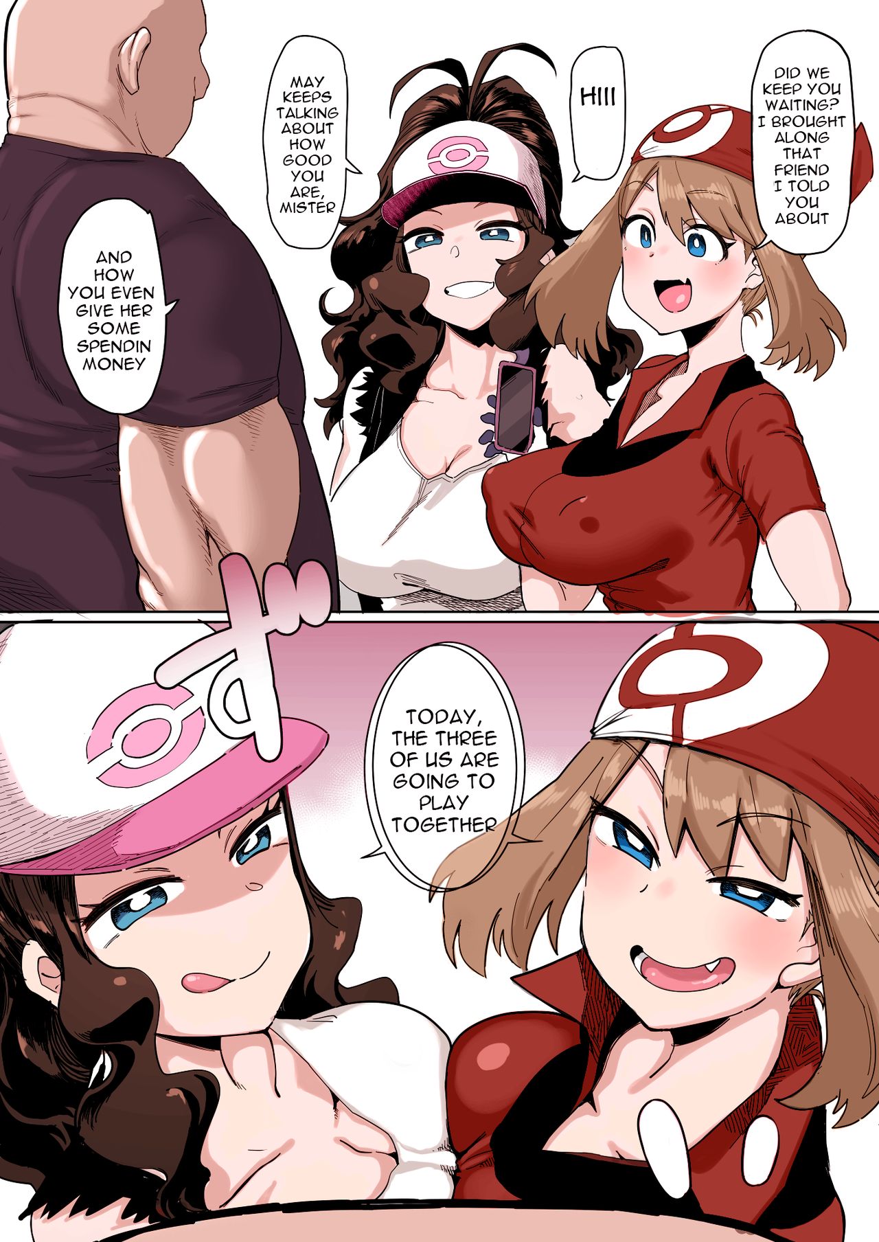 1boy, 2girls, big breasts, blue eyes, blush, breast to breast, breasts, brown hair, colored, dekosukentr, dialogue, english text, fat male, female, game freak, hat, hilda (pokemon), male, manga, may (pokemon), naughty face, nintendo, nipple bulge, overweight male, pokemon, pokemon (game), pokemon bw, pokemon rse, ponytail, text, threesome