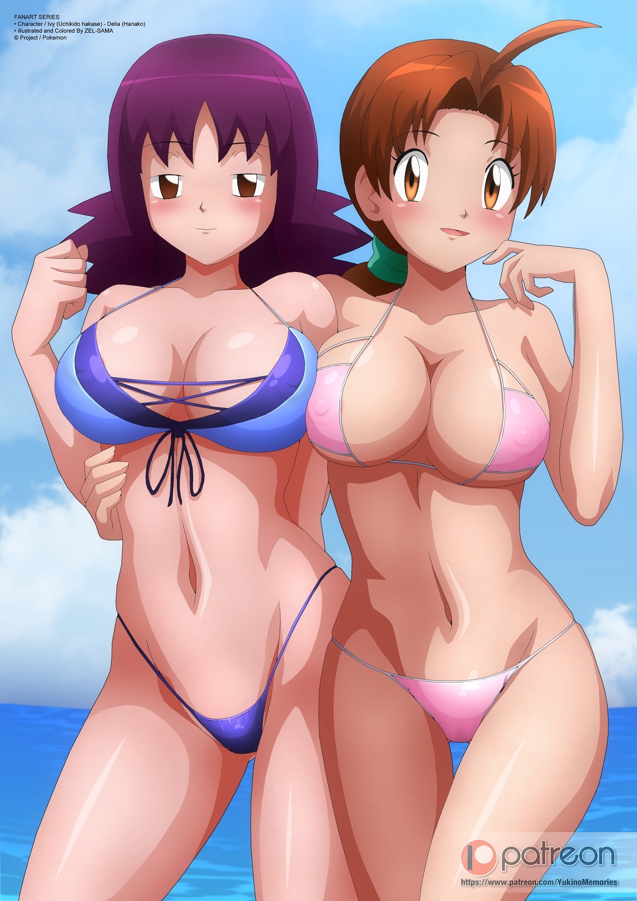 2girls, beach, bikini, blue bikini, blue swimsuit, blue swimwear, breasts, brown eyes, brown hair, brown-haired female, delia ketchum (pokemon), female, female focus, female only, game freak, looking at viewer, mature female, milf, nintendo, philena ivy, pink bikini, pink swimsuit, pink swimwear, pokemon, pokemon rgby, purple hair, purple-haired female, smile, smiling, swimsuit, swimwear, zel-sama