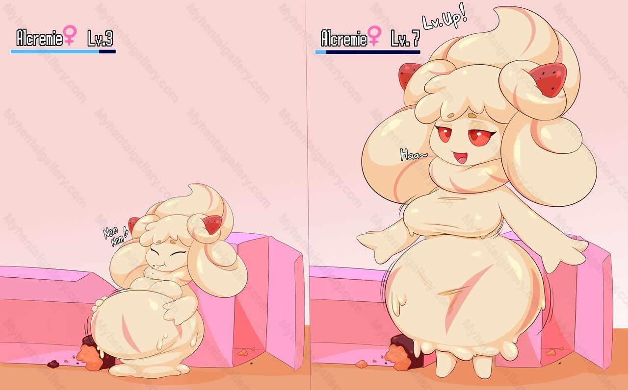 1girls, alcremie, anthrofied, belly, breast expansion, breast growth, breast growth (enlargement), breasts, cracker (artist), expansion, female, female only, growth drive, growth sequence, hourglass figure, nintendo, pokemon, pokemon ss, solo, solo female