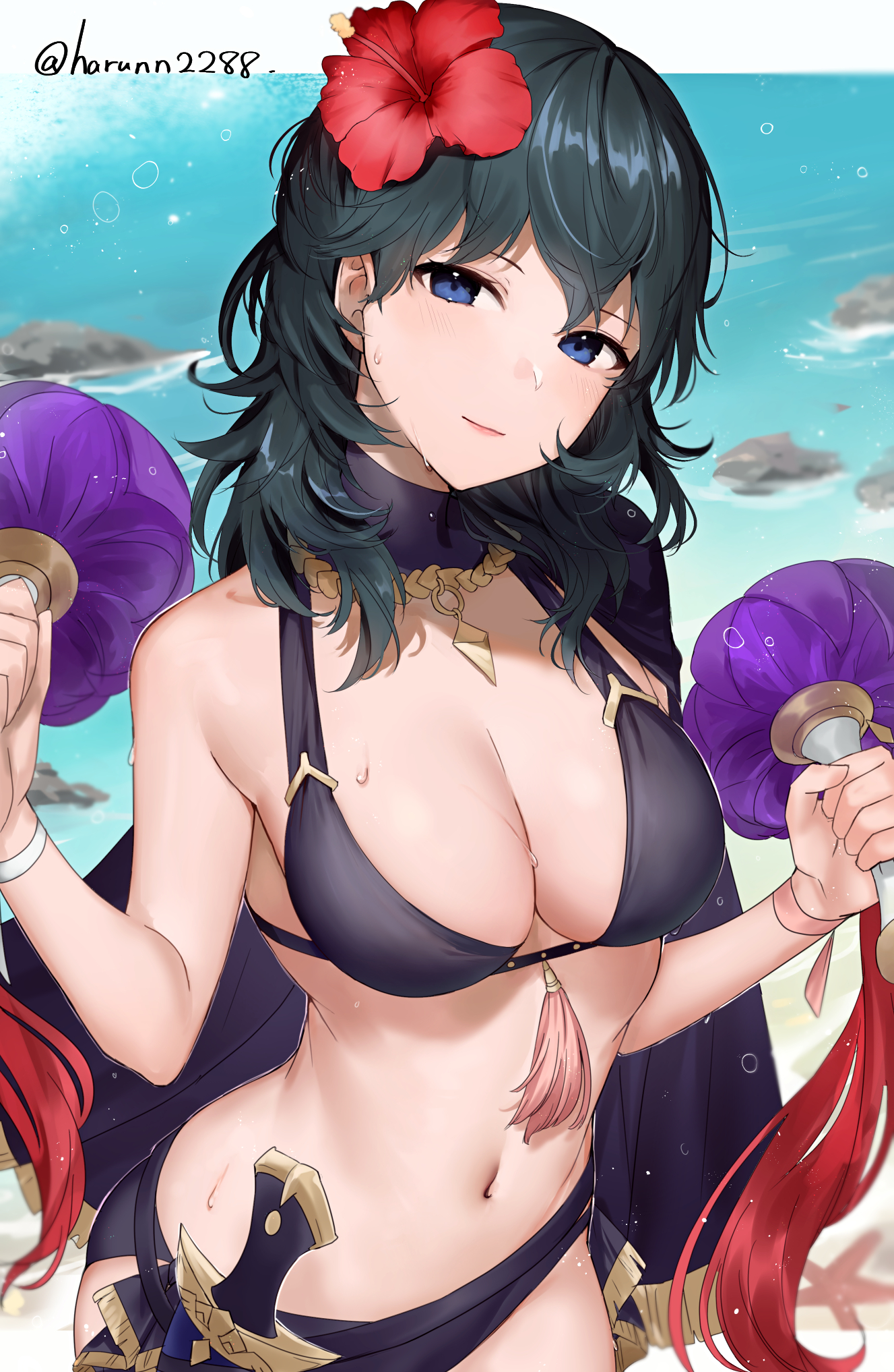 1girls, alternate costume, arm up, bikini, black bikini, black swimsuit, breasts, byleth (fire emblem), byleth (fire emblem) (female), cleavage, female, female only, fire emblem, fire emblem heroes, fire emblem: three houses, flower, hair ornament, haru (nakajou-28), hibiscus, highres, large breasts, looking at viewer, navel, nintendo, ocean, official alternate costume, solo, swimsuit, teal hair, water drop, wet