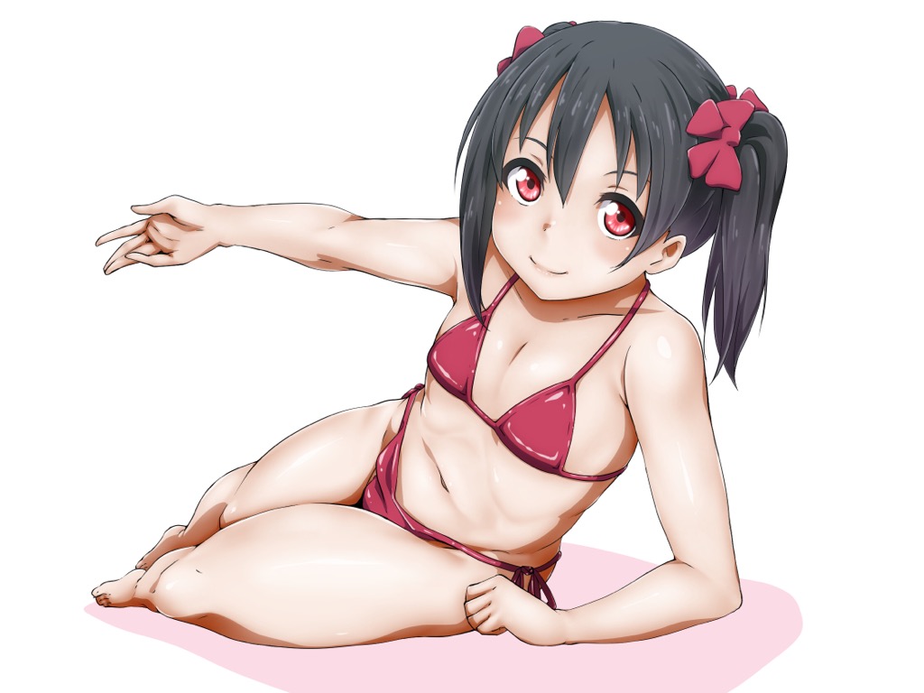 1girls, big breasts, bikini, black hair, bow, breast expansion, breast growth, breast growth (enlargement), breasts, exposed shoulders, exposed stomach, female, female only, large breasts, looking at viewer, love live!, love live! school idol project, panties, red bikini, red eyes, small breasts, thighs, twintails, uzumi (uzumi yosi), yazawa nico