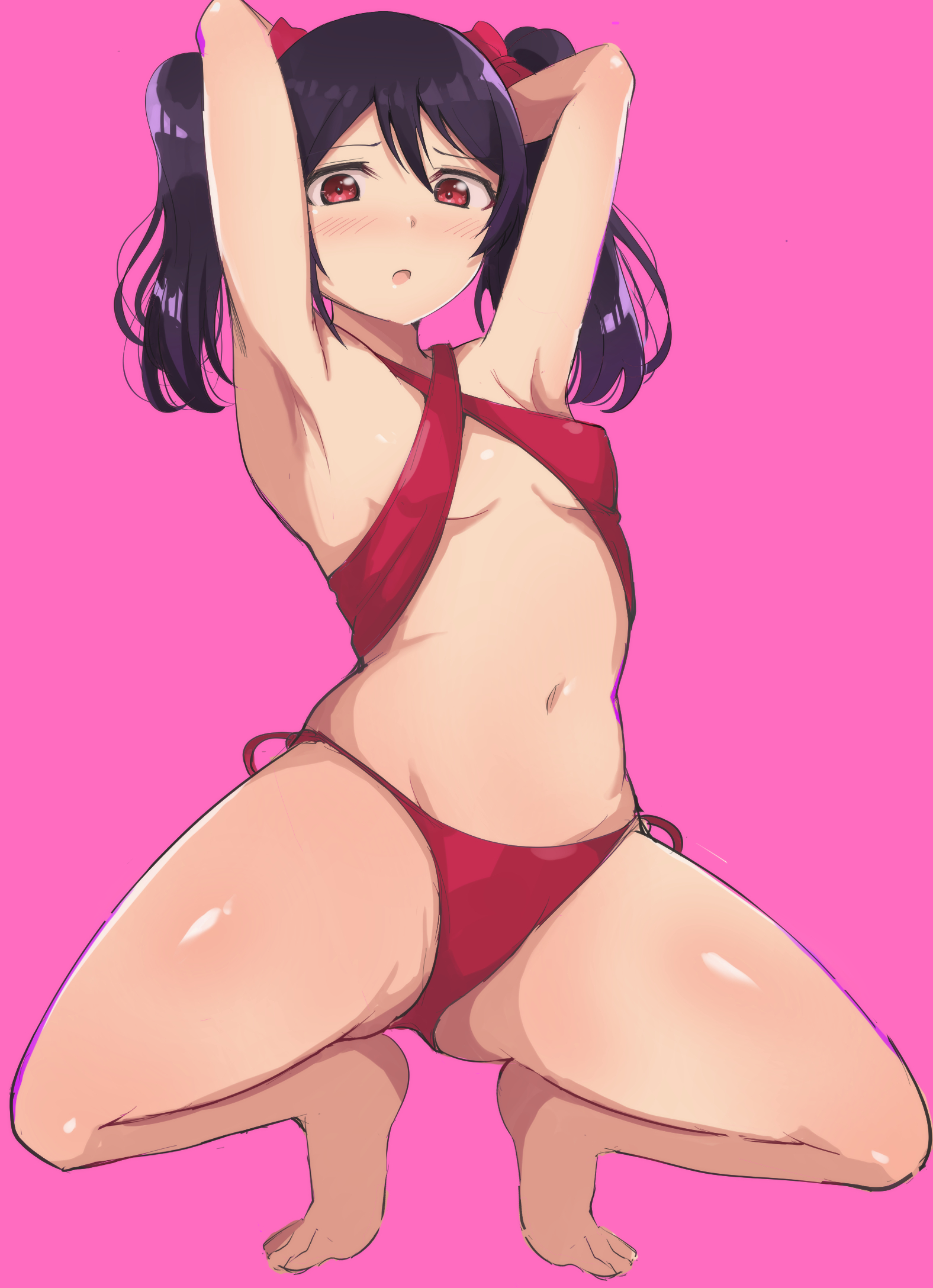 1girls, alternate version available, armpits, big breasts, bikini, black hair, blush, bow, breasts, embarrassed, exposed shoulders, exposed stomach, feet, female, female only, looking at viewer, love live!, love live! school idol project, panties, pink background, red bikini, red eyes, small breasts, tagme, thighs, twintails, wewe, yazawa nico