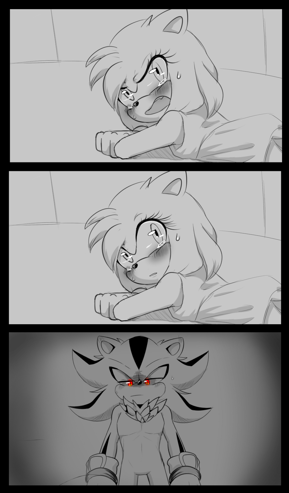 amy_rose angry blush clothing colored_eyes comic crying crying_with_eyes_open fallen_down fell_down furry monochrome scared shadic80 shadow_the_hedgehog sonic_(series) sonic_riders sonic_the_hedgehog_(series)