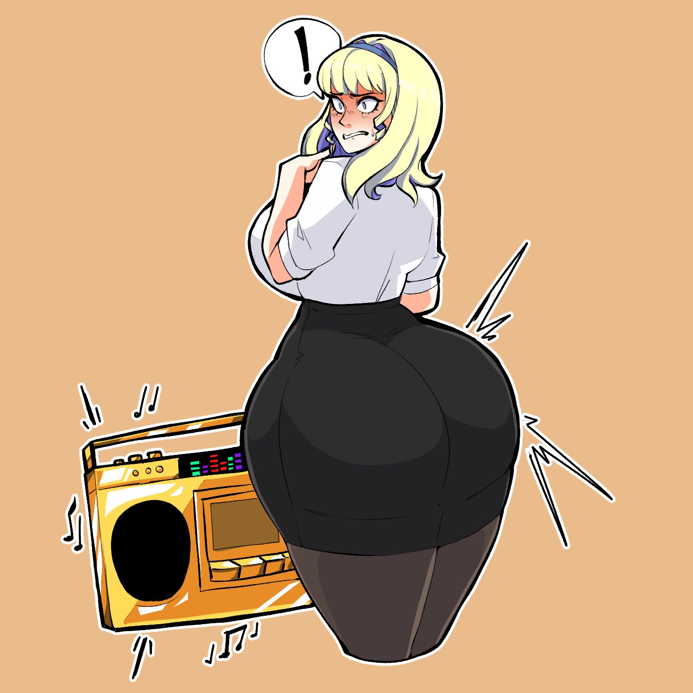 1girls, alternate costume, alternate hairstyle, ass, ass expansion, blonde female, blonde hair, blue hair, bluueygooey, body control, boombox, breasts, colored inner hair, constance von nuvelle, female, female only, fire emblem, fire emblem warriors: three hopes, fire emblem: three houses, gold boombox (prevence), huge ass, huge breasts, medium hair, multicolored hair, nintendo, official alternate costume, pantyhose, shirt, shocked, short sleeves, skirt, solo, twerk hypnosis, wide eyed