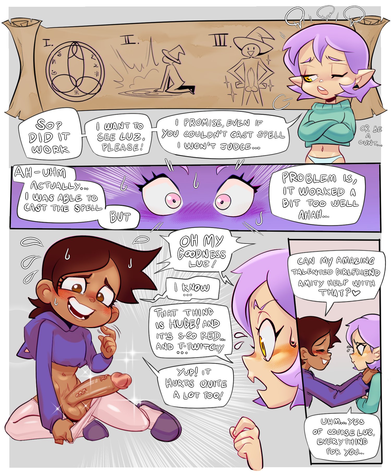 1futa, 2girls, amity blight, big penis, brown hair, embarrassed, female, futa/female, futanari, golden eyes, imminent sex, intersex, latina, latina futa, lowprof, lowprof70900515, luz noceda, magic, magic penis, penis, penis awe, penis size talk, pointy ears, purple hair, size talk, slippers, straight hair, surprised, sweatdrop, tagme, text, the owl house, uncensored
