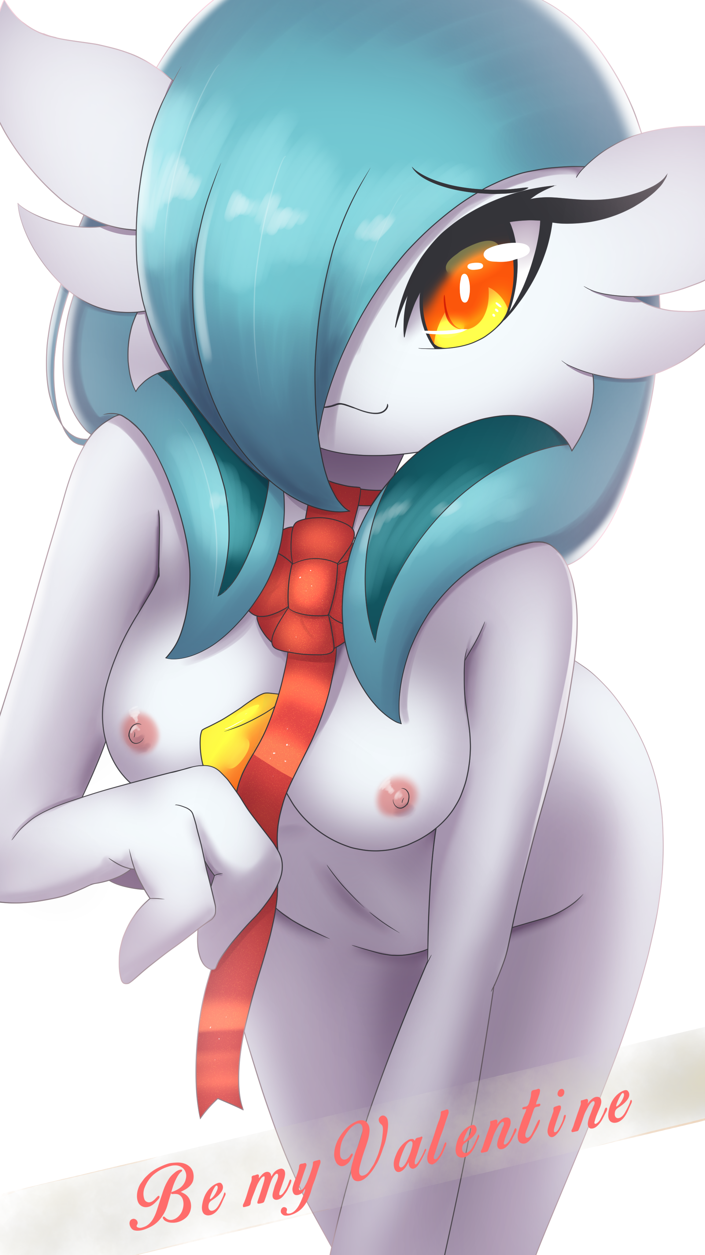 anthro, bent over, blue hair, breasts, eyelashes, female, gardevoir, hair, looking at viewer, nude, orange eyes, pokémon (species), pokemon, pokemon (species), ribbon, rilex lenov, shiny pokemon, smile, text
