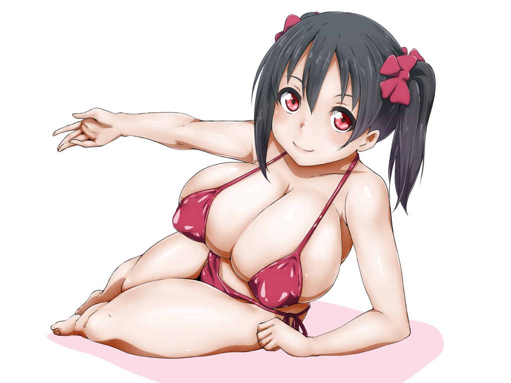 1girls, alternate breast size, big breasts, bikini, black hair, bow, breast expansion, breast growth, breast growth (enlargement), breasts, exposed shoulders, exposed stomach, female, female only, huge nipples, large breasts, looking at viewer, love live!, love live! school idol project, nipple bulge, nipples, panties, red bikini, red eyes, thighs, twintails, uzumi (uzumi yosi), yazawa nico