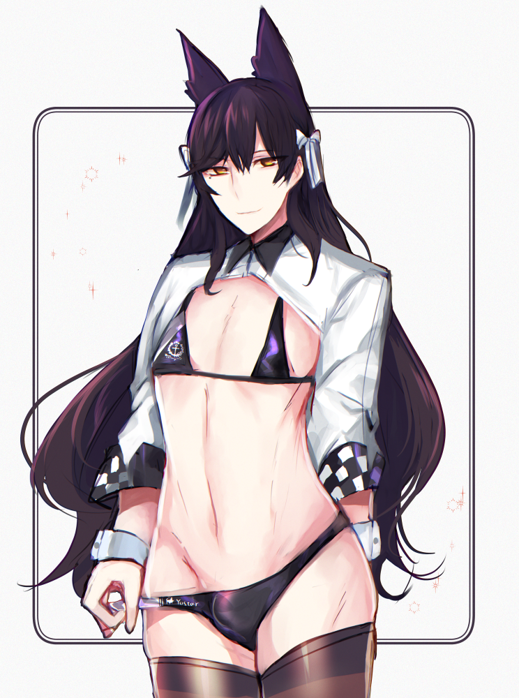 1boy 2020 azur_lane belly bikini bikini_bottom bikini_top black_bikini black_bikini_bottom black_bikini_top bulge cosplay crossdressing crossplay femboy girly long_hair looking_at_viewer navel simple_background standing takao_(azur_lane)_(cosplay) trap white_background wrist_cuffs yashiro_osa