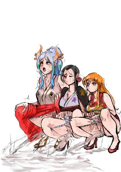 3girls, biku, blush, clothed, clothing, female, female only, multiple females, multiple girls, nami (one piece), nico robin, one piece, peeing, peeing together, pissing, post-timeskip, pussy, squatting, yamato (one piece)