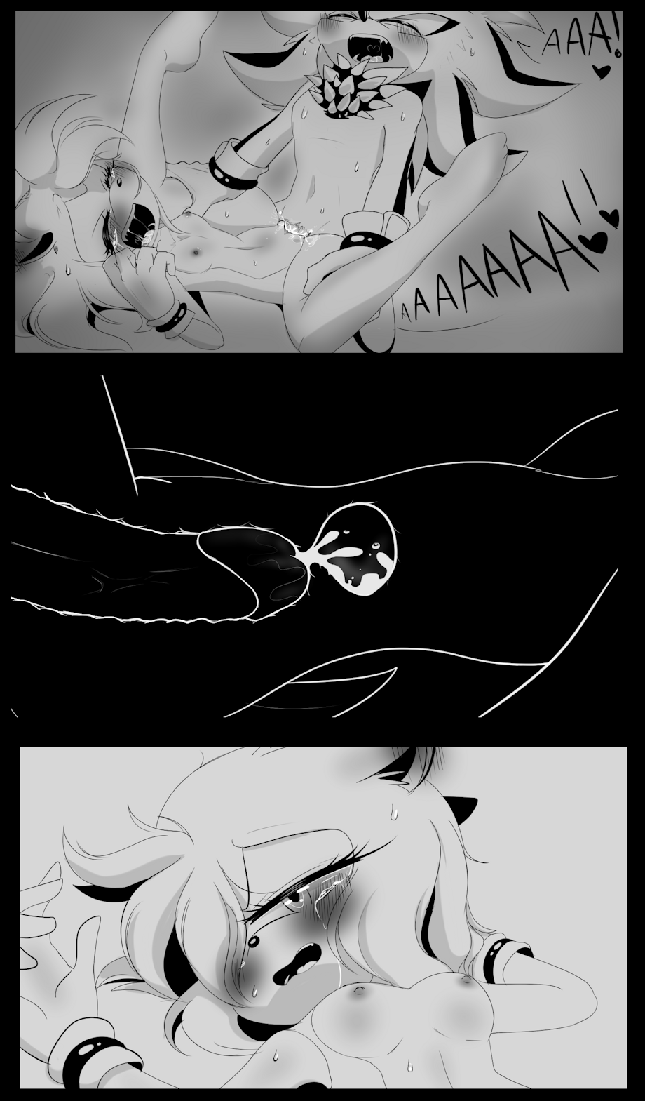 amy rose, blush, comic, crying, cum, cum inside, ear blush, ears down, eyes half open, female, furry, monochrome, open mouth, rape, shadic80, shadow the hedgehog, sonic (series), sonic riders, sonic the hedgehog (series), sweatdrop