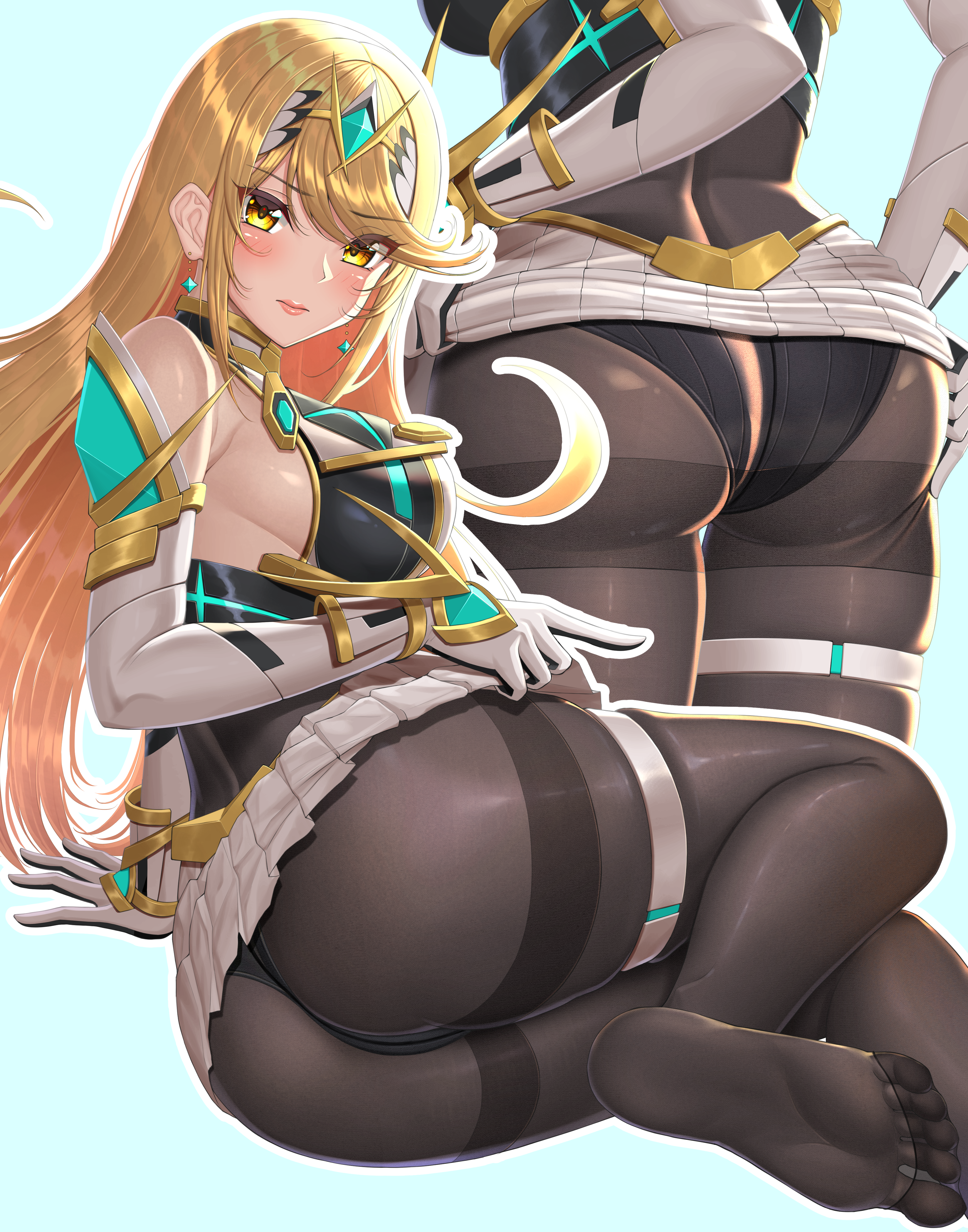 1girls, 2022, ass, bangs, blonde hair, blush, breasts, embarrassed, feet, feet in stockings, female, female only, gold eyes, hi res, hips, huge ass, huge breasts, long hair, mythra, nintendo, pantyhose, sideboob, slim waist, sssemiii, super smash bros., super smash bros. ultimate, swept bangs, thick thighs, thighs, tight clothing, tight fit, tights, wide hips, xenoblade (series), xenoblade chronicles 2