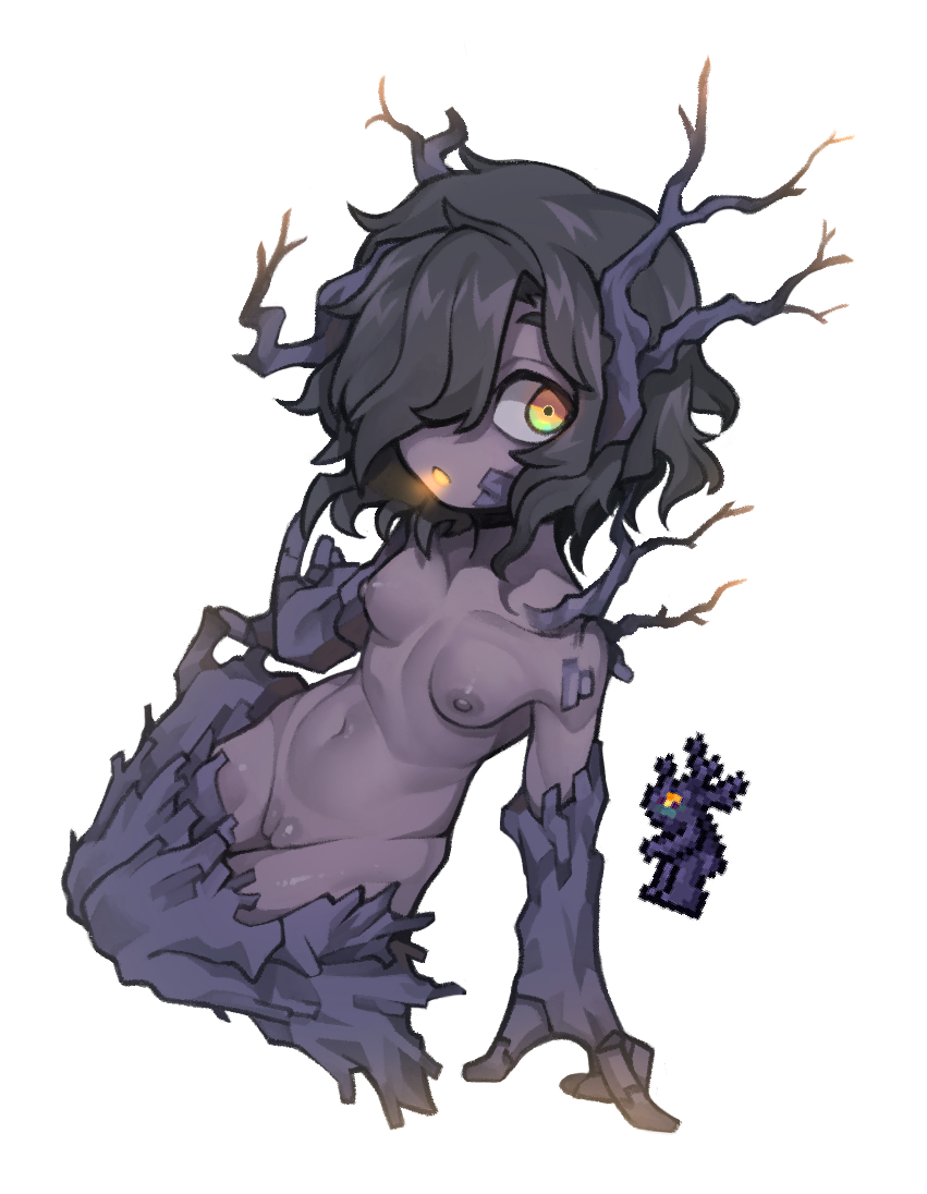 black_hair branch breasts dark_skin female female_only hair_over_one_eye looking_at_viewer monster_girl navel nipples nude nyong_nyong one_eye_covered orange_eyes personification plant_girl pussy reference_inset seiza short_hair sitting small_breasts solo splinterling stomach terraria tree_girl wooden_floor