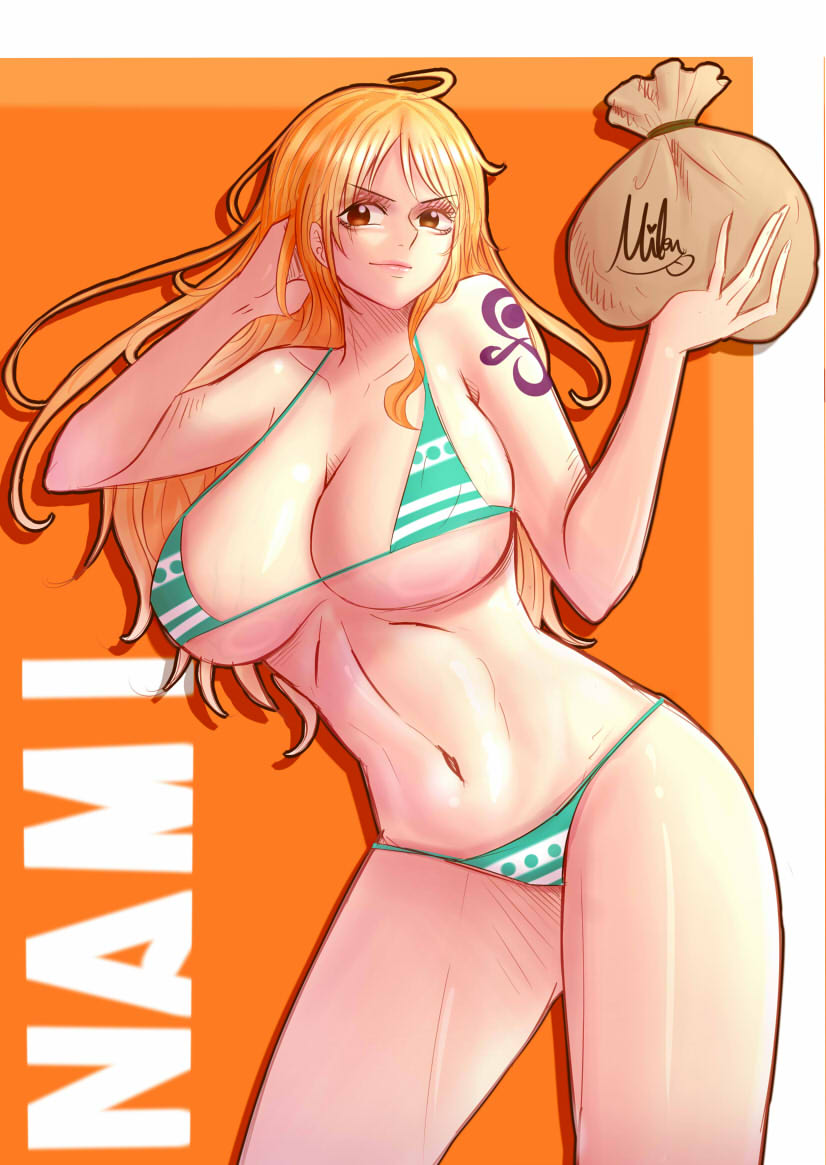 1girls, arm tattoo, artist name, bag, bangs, bare shoulders, big breasts, bikini, bikini bottom, blue tattoo, breasts, character name, cleavage, clothing, collarbone, eyelashes, female, female focus, female only, hand in hair, hips, holding, holding object, huge breasts, human, large breasts, lips, long hair, looking at viewer, micro bikini, mifenami, nami (one piece), navel, no pants, one piece, orange eyes, orange hair, orange-haired female, pinup, post-timeskip, revealing clothes, sideboob, signature, simple background, skimpy, skindentation, smile, solo, solo female, striped, striped bikini, swimsuit, tattoo, text, thick thighs, thighs, underboob, voluptuous