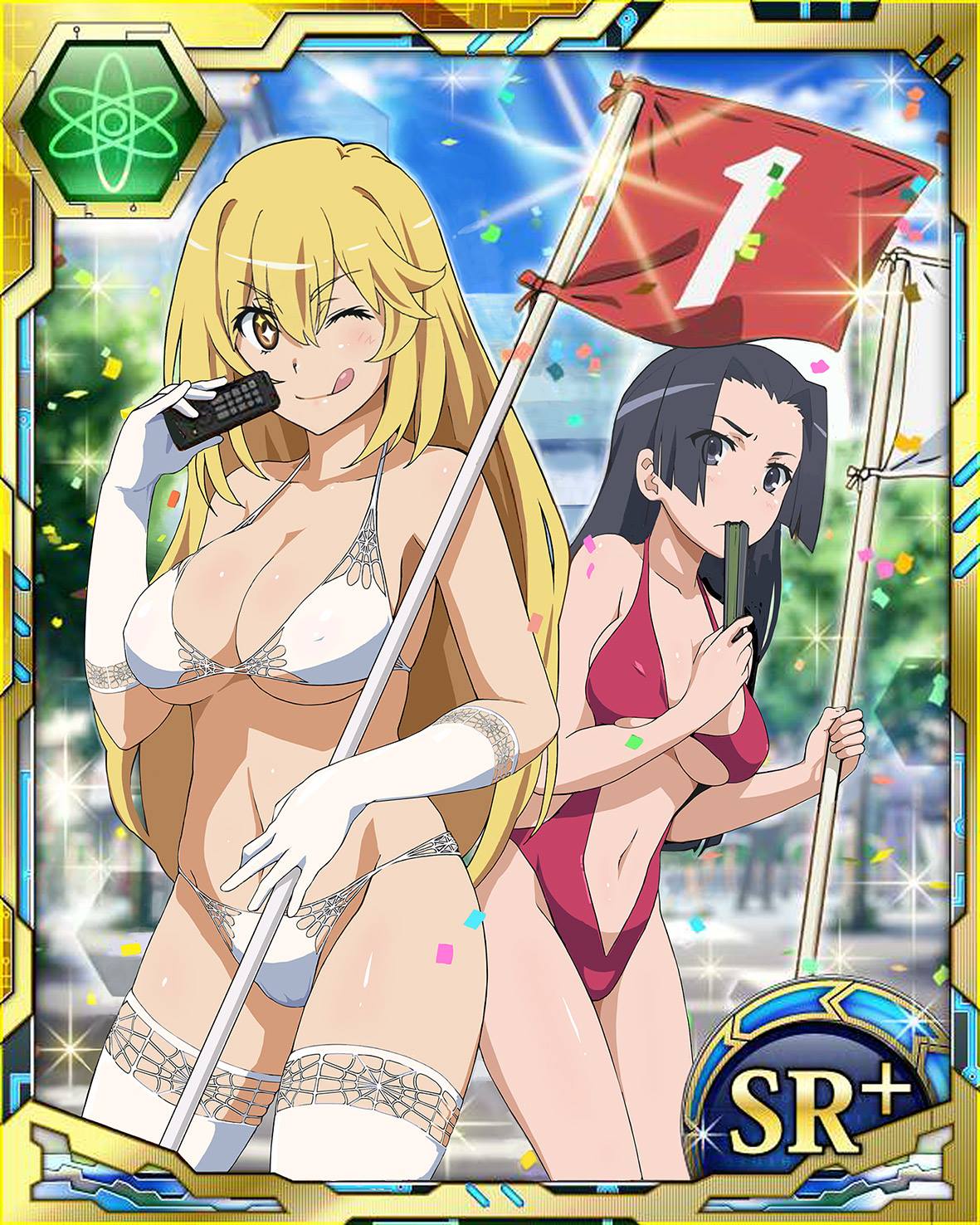 2girls bare_shoulders bikini black_hair blonde_hair blue_eyes breasts card_(medium) clothing_cutout collarbone flag gloves kongou_mitsuko large_breasts long_hair looking_at_viewer multiple_girls navel navel_cutout nipple_bulge official_art one-piece_swimsuit outdoors pussy_outline remote shokuhou_misaki smile standing swimsuit symbol-shaped_pupils teenage_girl teenager to_aru_kagaku_no_railgun to_aru_majutsu_no_index tongue tongue_out white_bikini white_gloves white_legwear yellow_eyes young