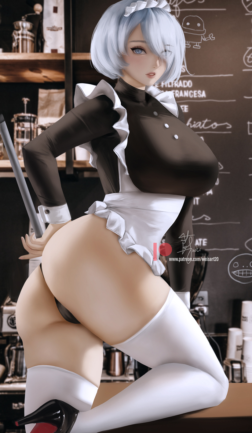 1girls android android_girl ass big_ass big_breasts big_butt blue_eyes breasts busty butt curvaceous curvy curvy_body curvy_female curvy_figure enormous_breasts female female_focus female_only huge_ass huge_breasts large_breasts legwear maid maid_headdress maid_uniform mole mole_under_mouth nier:_automata short_hair solo solo_female solo_focus voluptuous weisart white_hair white_legwear yorha_2b