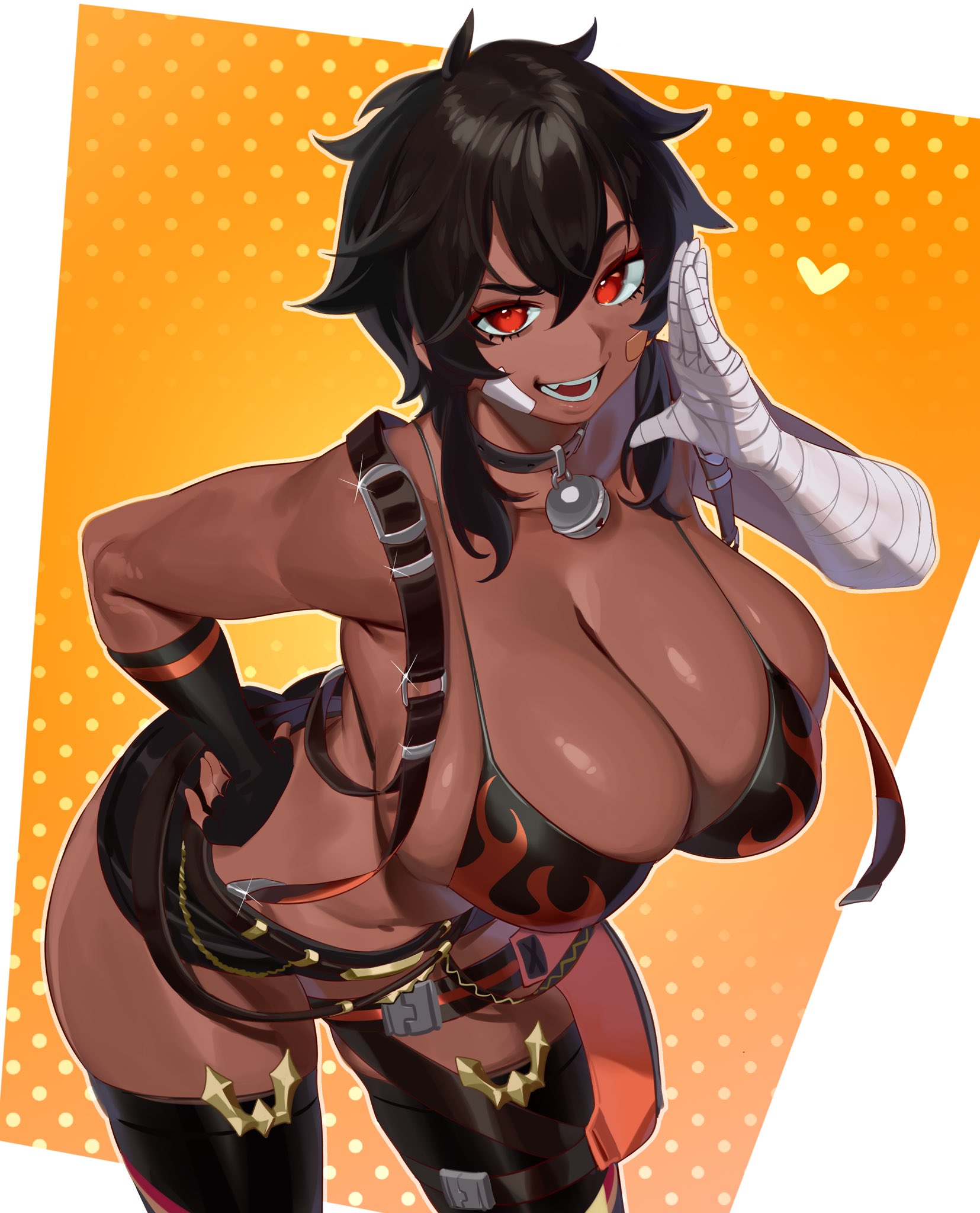 bandage, bandaged arm, bikini top, breasts, cleavage, collar, cute fang, dark skin, dark-skinned female, dashums, female, large breasts, original, original character, red eyes, short hair, thick thighs