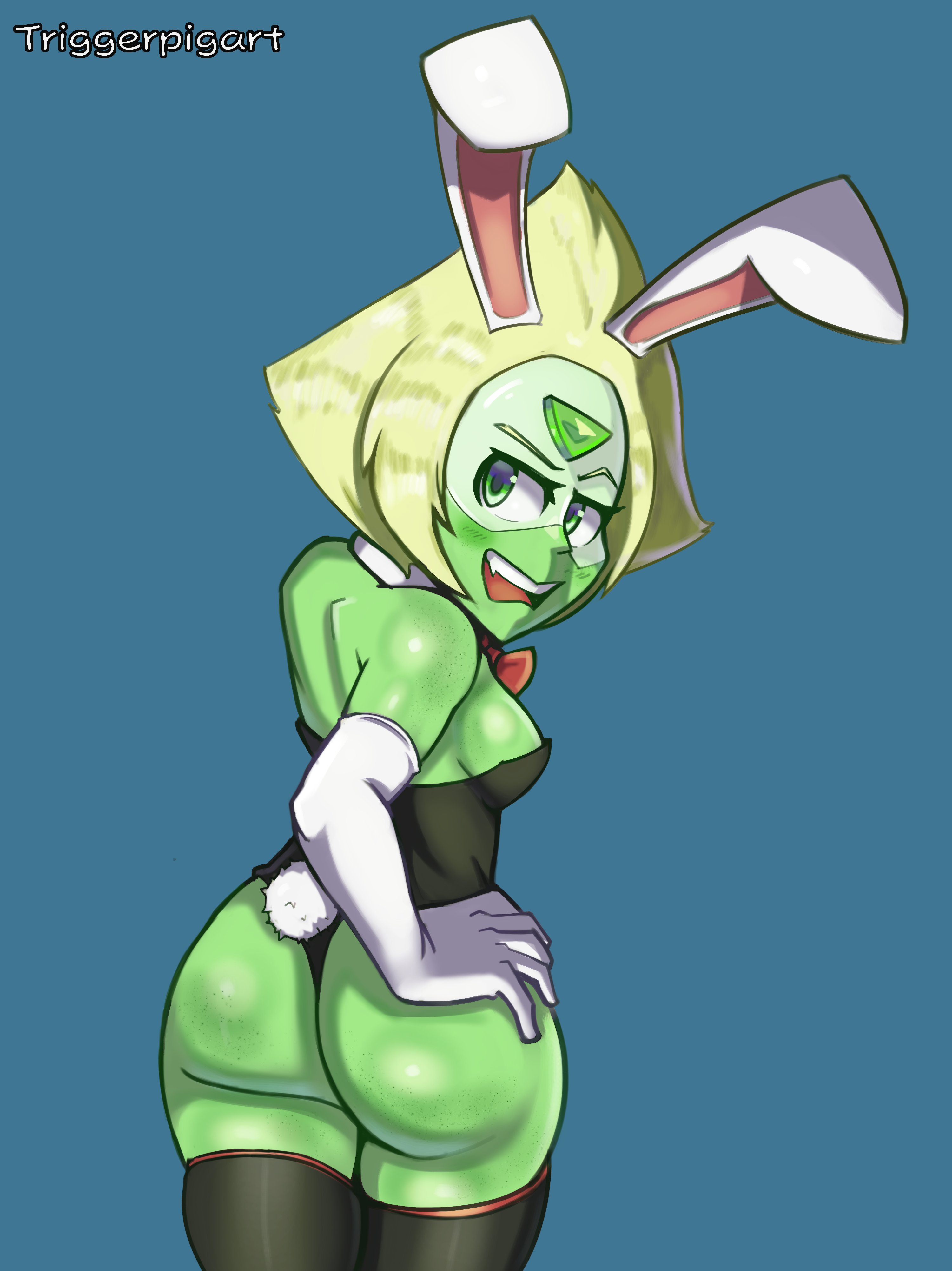 1girls, ass, bunny ears, bunnysuit, cute fang, female, freckles, green hair, green skin, looking back, peridot (steven universe), solo, steven universe, thick thighs, thighhighs, triggerpigart