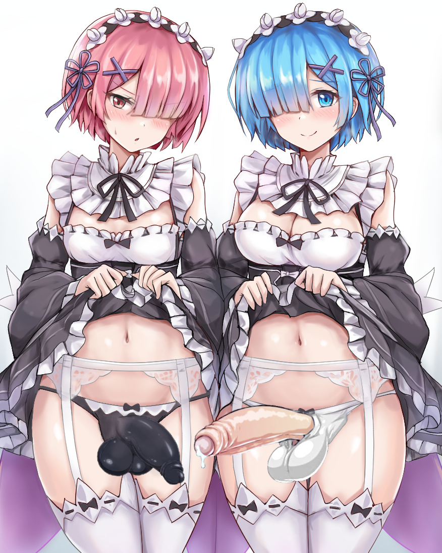 2futas balls big_penis black_panties blue_eyes blue_hair blue_ribbon blush breasts bulge clothed clothing dress dress_lift duo edit edited erection futa_only futanari garter_belt garter_straps hair_over_one_eye happy human light-skinned_futanari light_skin lingerie looking_at_viewer maid maid_headdress maid_uniform medium_breasts mostly_clothed panties penis penis_out pink_hair presenting pussy_visible_through_panties r-binon ram_(re:zero) re:zero_kara_hajimeru_isekai_seikatsu red_eyes red_hair red_ribbon rem_(re:zero) short_hair skirt_lift small_breasts smiling standing stockings sweat symmetry thick_thighs thighhighs thighs third-party_edit twins uncensored underwear white_garter_belt white_garter_straps white_legwear white_lingerie white_panties white_stockings