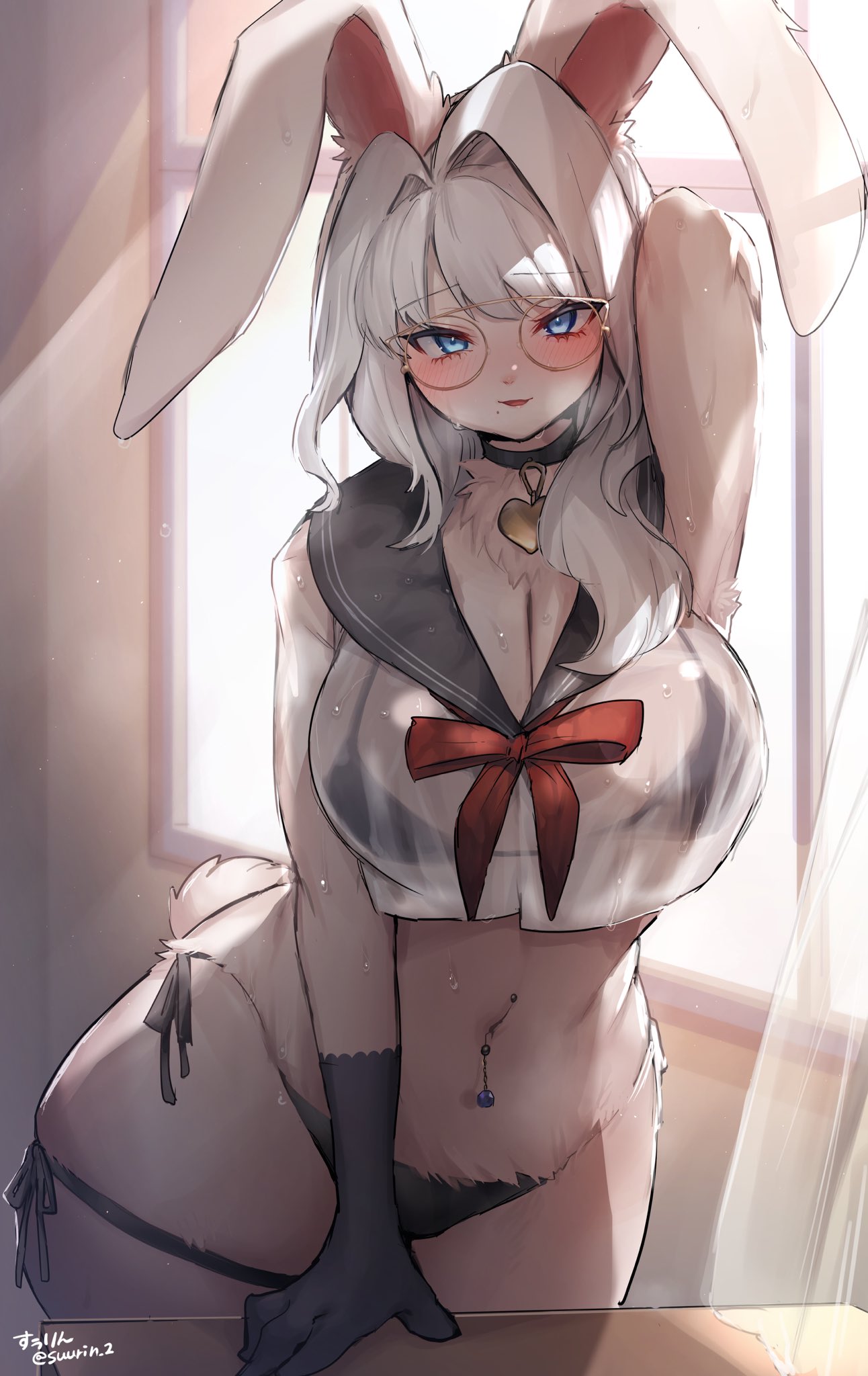 anthro, armpits, big breasts, blue eyes, breasts, bunny ears, bunny girl, bunny tail, female, furry, furry female, glasses, school uniform, suurin (ksyaro), sweat, table, tagme, translucent clothing, white fur, white hair, window