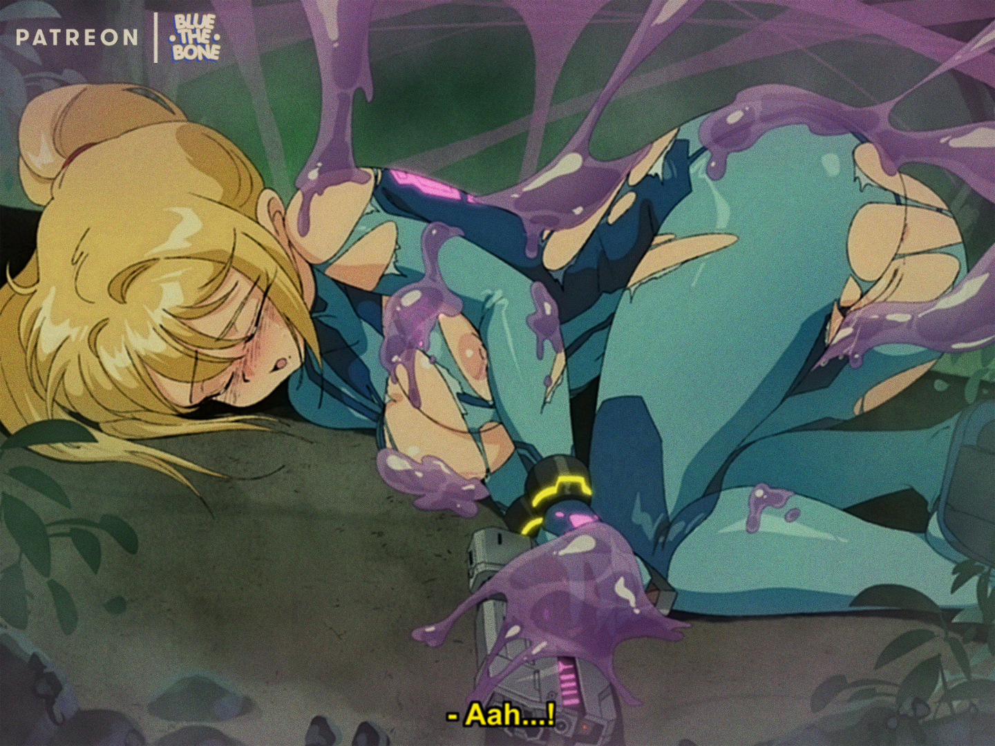 anus, ass, ass up, big breasts, blonde hair, bluethebone, blush, breasts, closed eyes, female, female focus, gun, metroid, moaning, nintendo, nipples, on ground, ponytail, pussy, pussy juice, retro artstyle, ripped clothing, samus aran, slime, slime monster, thighs, zero suit, zero suit samus