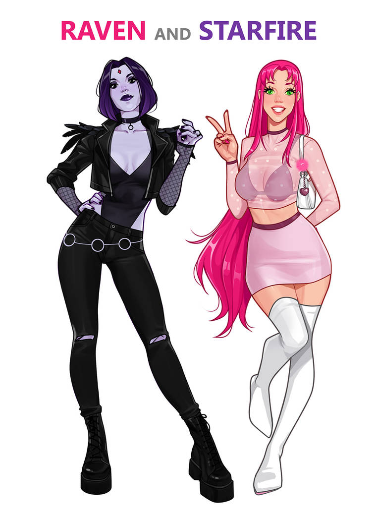 2girls, alien, alien girl, artist name, bare shoulders, boots, bra, bra visible through clothes, breasts, busty, cambion, character name, clothing, curvaceous, curves, curvy, dc, dc comics, demon, demon girl, duo, eyelashes, female, female only, forehead jewel, goth, goth girl, green eyes, grey skin, half demon, hips, hourglass figure, human, humanoid, koriand'r, legs, light skin, light-skinned female, lips, long hair, looking at viewer, lower body, medium breasts, minko, multiple females, multiple girls, olena minko, pale skin, pink hair, platform boots, posing, purple eyes, purple hair, purple lips, rachel roth, raven (dc), short hair, starfire, straight hair, superhero, superheroine, tamaranean, teen titans, text, thick, thick legs, thick thighs, thighs, tight clothing, upper body, voluptuous, watermark, wide hips