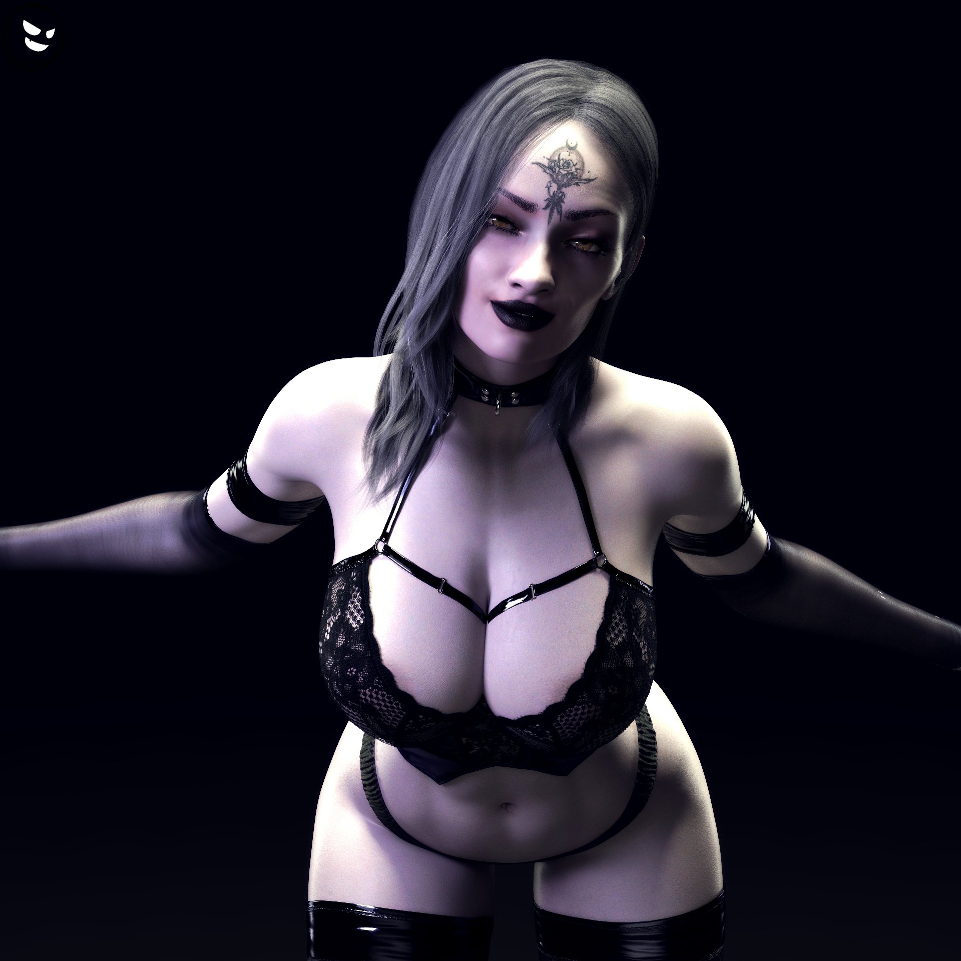 1girls, 3d, 3d (artwork), big breasts, black lipstick, blender, breasts, brown hair, capcom, cassandra (resident evil), female, gm studios, light skin, light-skinned female, lingerie, looking at viewer, pale skin, pale-skinned female, pinup, resident evil, resident evil 8: village, shiny skin, solo, solo female, solo focus, tattoo