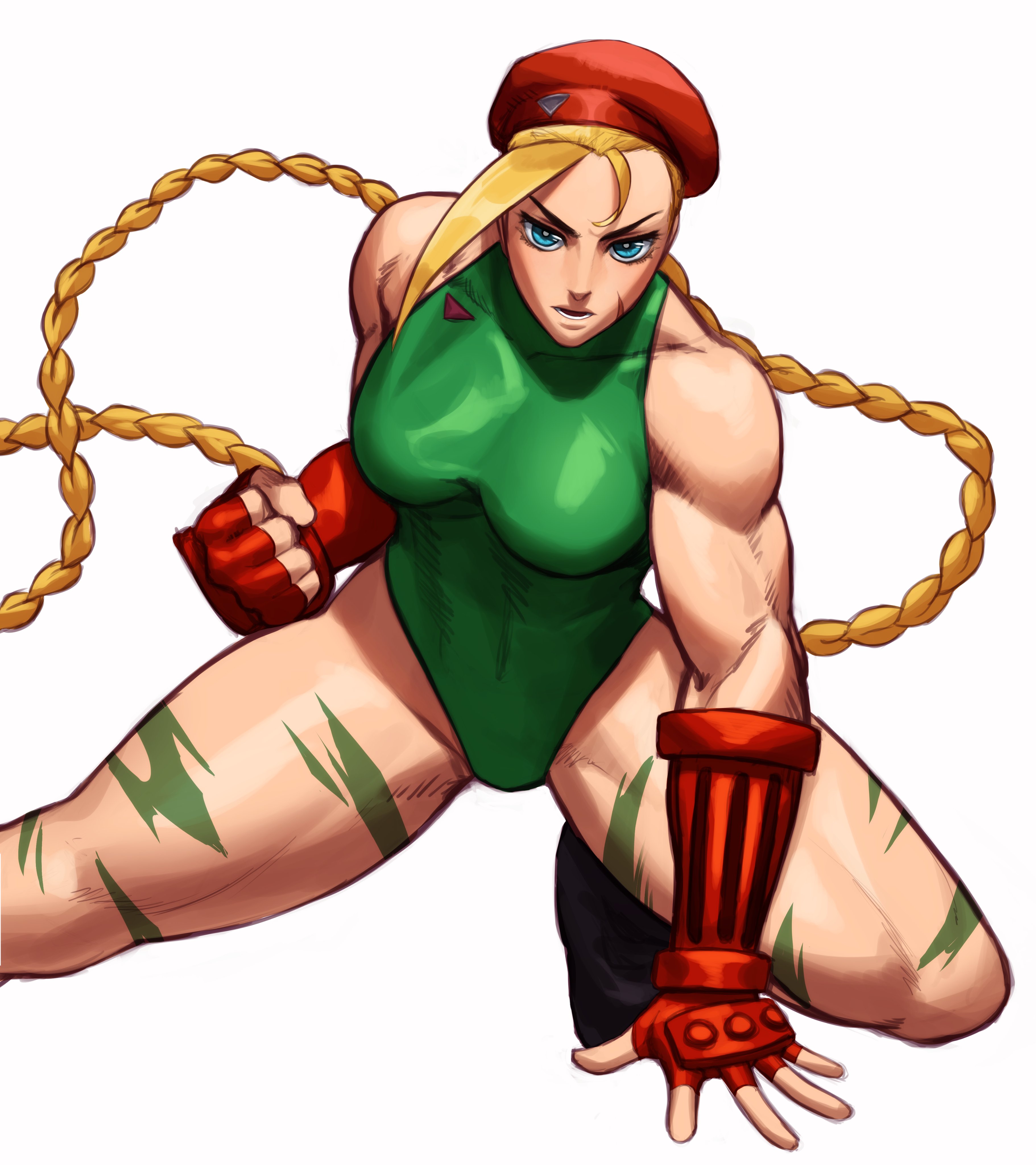 1girls, absurd res, armwear, blonde hair, blue eyes, braid, cammy white, capcom, female, female only, hat, leotard, looking at viewer, muscular, muscular female, solo, solo female, sotcho, street fighter, thick thighs, twin braids, very long hair, white background