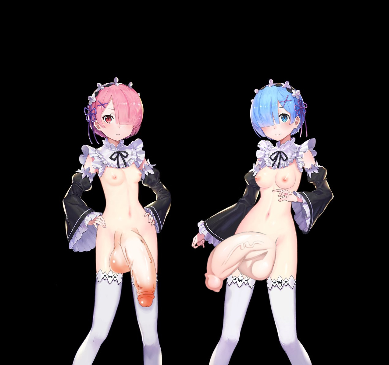 2futas, areolae, balls, big balls, blue eyes, blue hair, breasts, breasts out, duo, edit, edited, erection, foreskin, futa only, futanari, hair over one eye, huge cock, human, intersex, light skin, light-skinned futa, maid, maid headdress, maid uniform, matching hair/eyes, navel, nipples, nude, nude futa, penis, pink eyes, pink hair, ram (re:zero), re:zero kara hajimeru isekai seikatsu, rem (re:zero), short hair, small breasts, standing, third-party edit, uncensored, uncircumcised, uncut, unretracted foreskin, x hair ornament