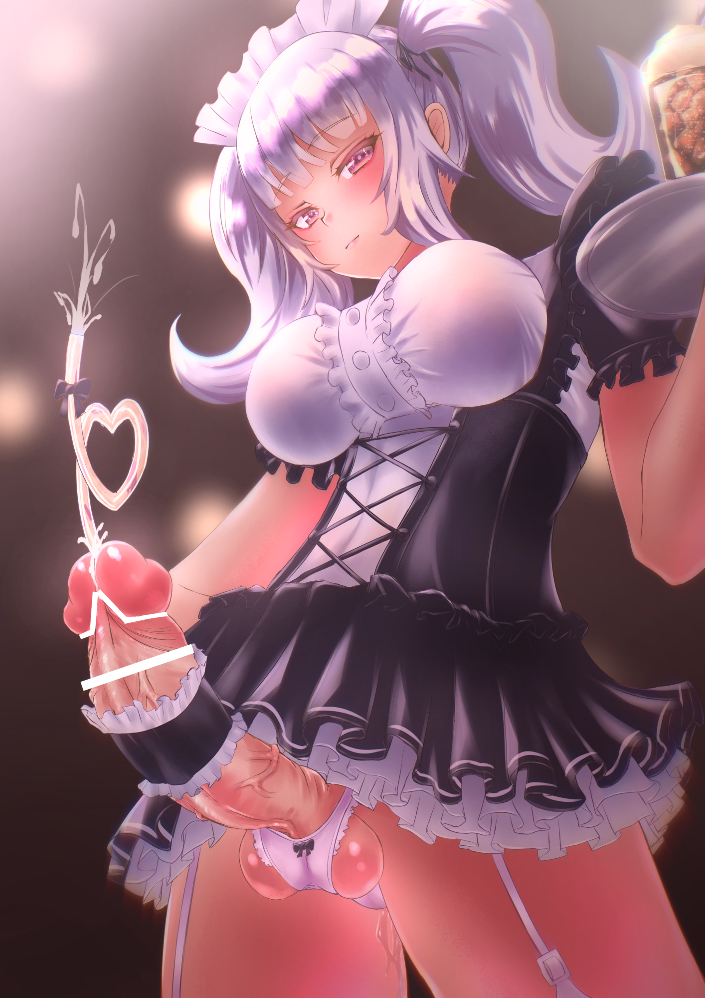 1futa, balls, bar censor, big penis, camosheep, censored, clothed, clothing, cum, cumdrip, ejaculation, erection, futa only, futa urethral insertion, futanari, hands-free, handsfree ejaculation, human, intersex, light skin, light-skinned futa, looking at viewer, low-angle view, maid, maid headdress, maid uniform, masturbation, mostly clothed, panties, penile urethral insertion, penis, penis out, restrained, skirt, solo, straw in penis, thighhighs, twintails, urethral, urethral insertion